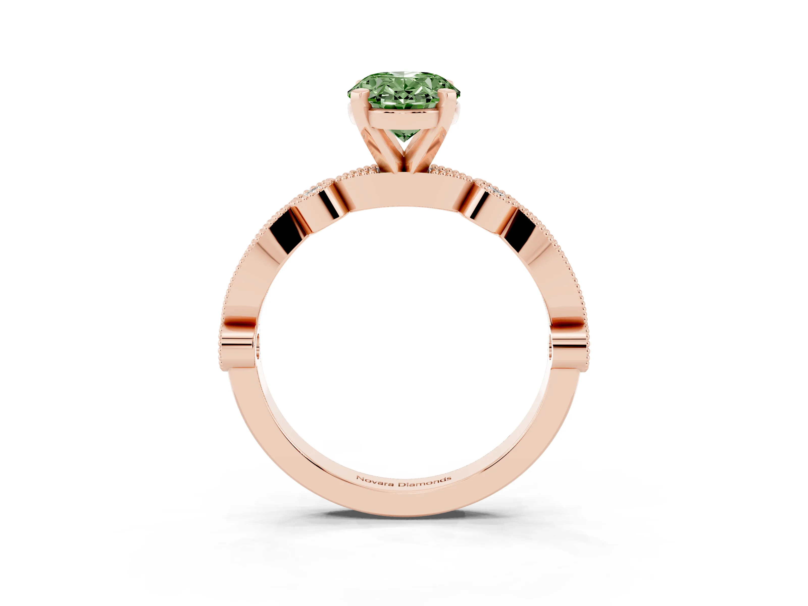 Fancy Green Oval Cut Diamond Solitaire Engagement Ring Set in Rose gold with Milgrain Bezel Accent Band