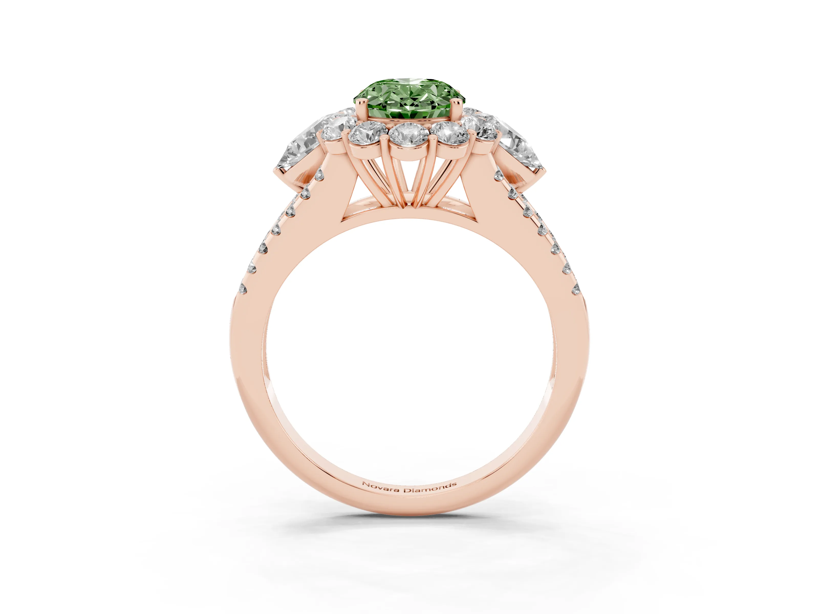 Fancy Green Oval Cut Diamond Halo Split Shank Engagement Ring Set in Rose gold with Prong-Held Center Stone