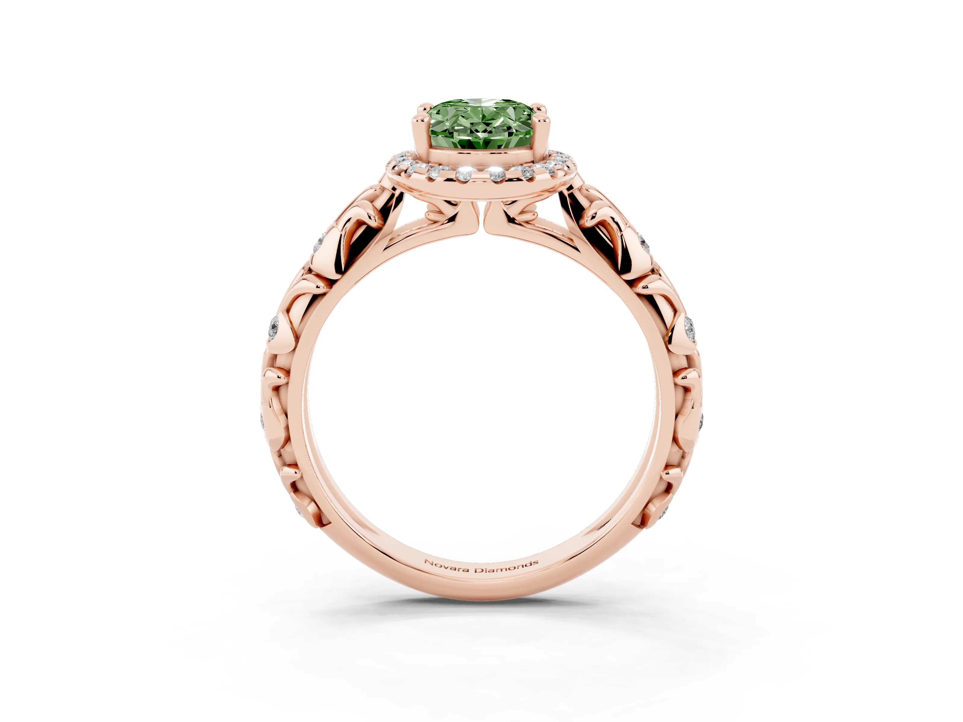 Fancy Green Oval Cut Diamond Halo Ring Set in Rose gold with Filigree Leaf Band and Prong Setting