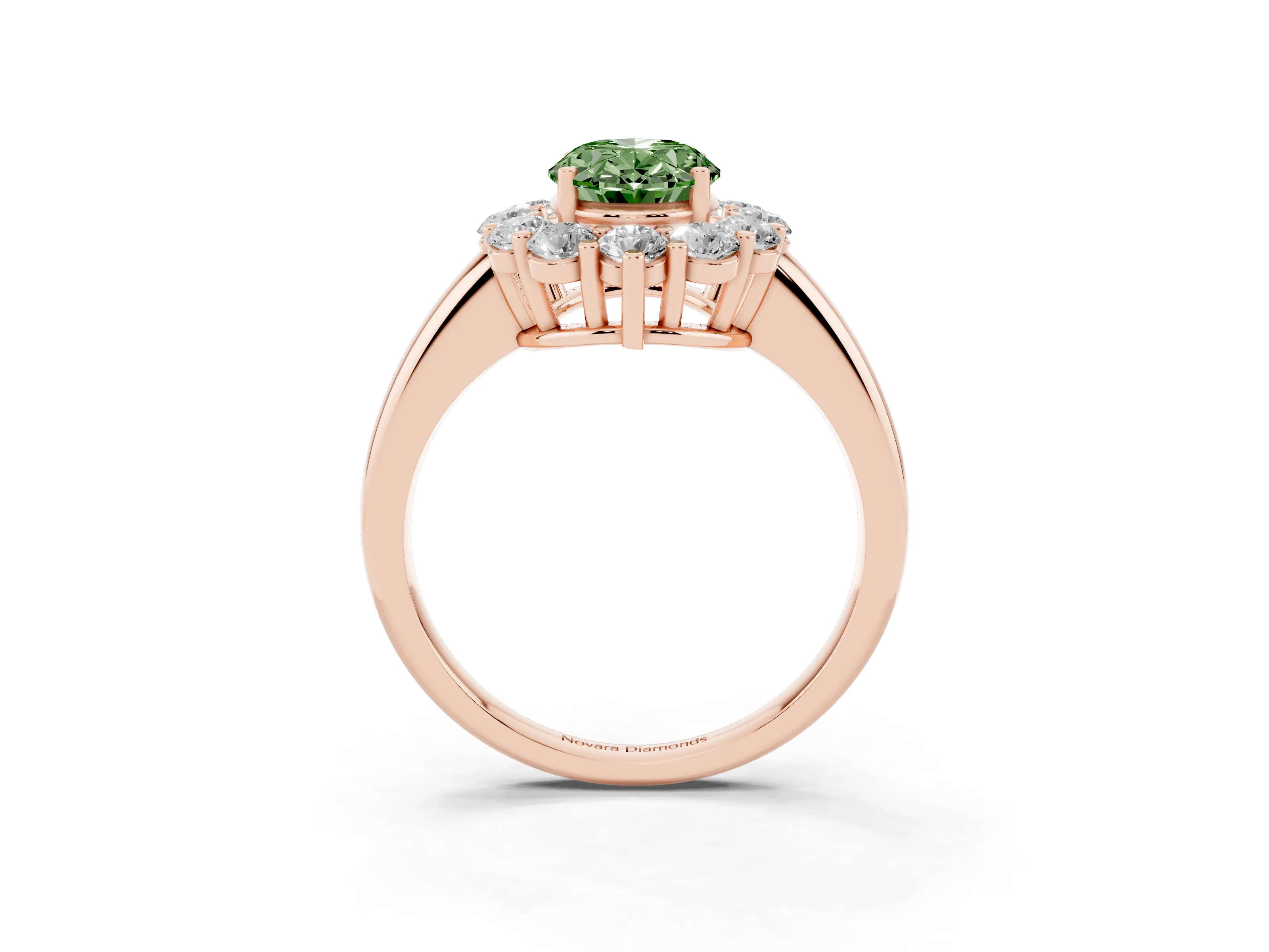 Fancy Green Oval Cut Diamond Halo Cluster Engagement Ring Set in Rose gold with Polished Band and Prong Setting