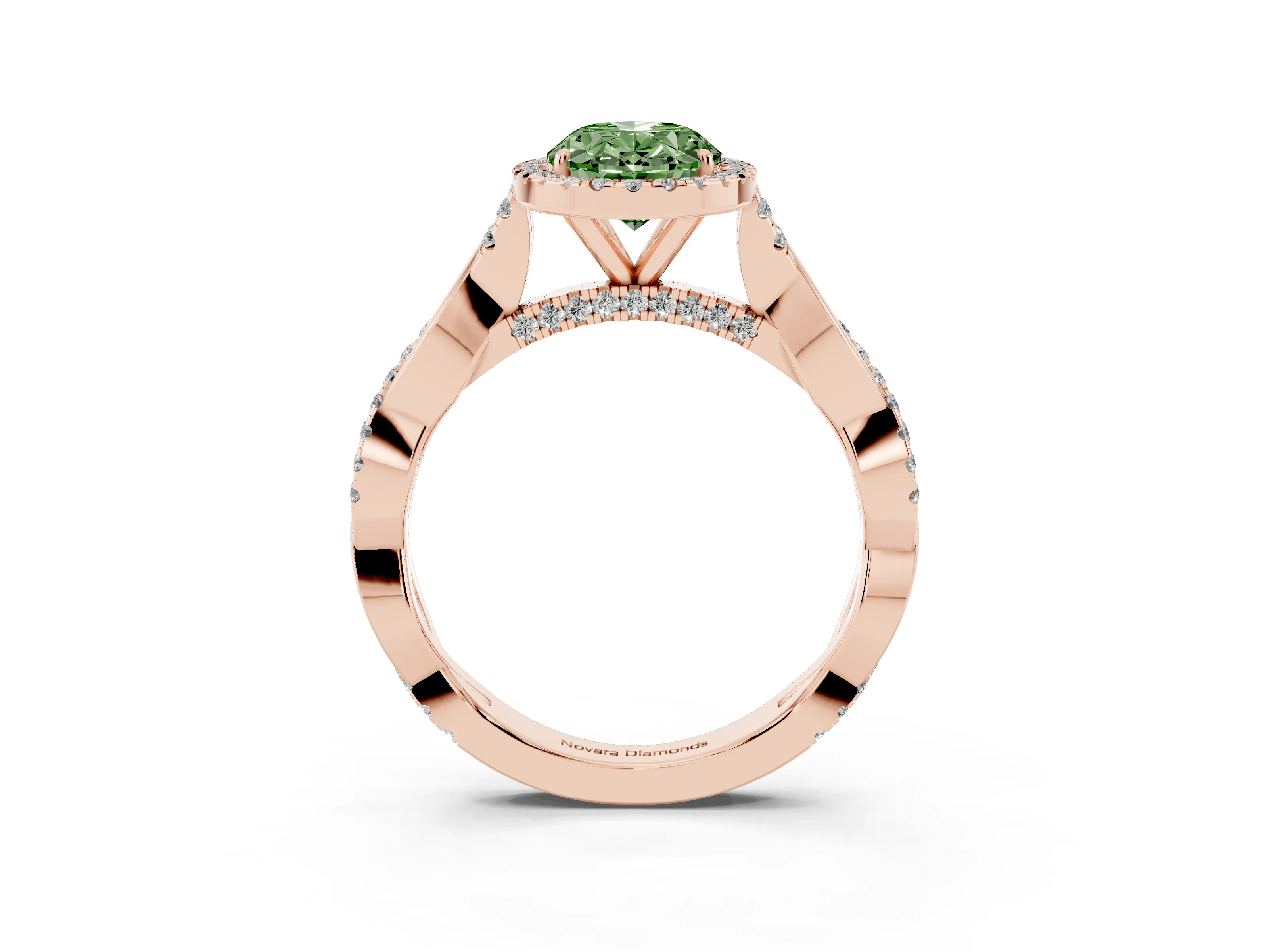 Fancy Green Oval Cut Diamond Halo Twist Band Solitaire Ring Set in Rose gold with Prong Setting