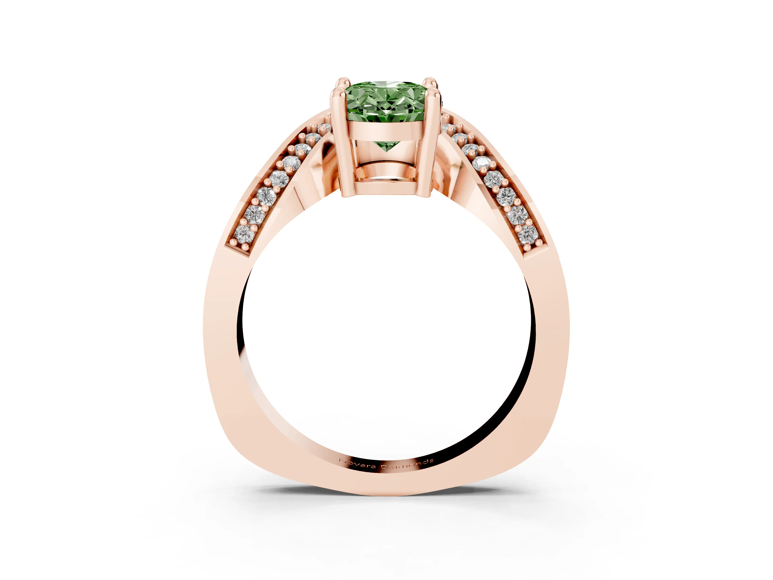 Fancy Green Oval Cut Diamond Solitaire Engagement Ring Set in Rose gold with Pavé Shoulders