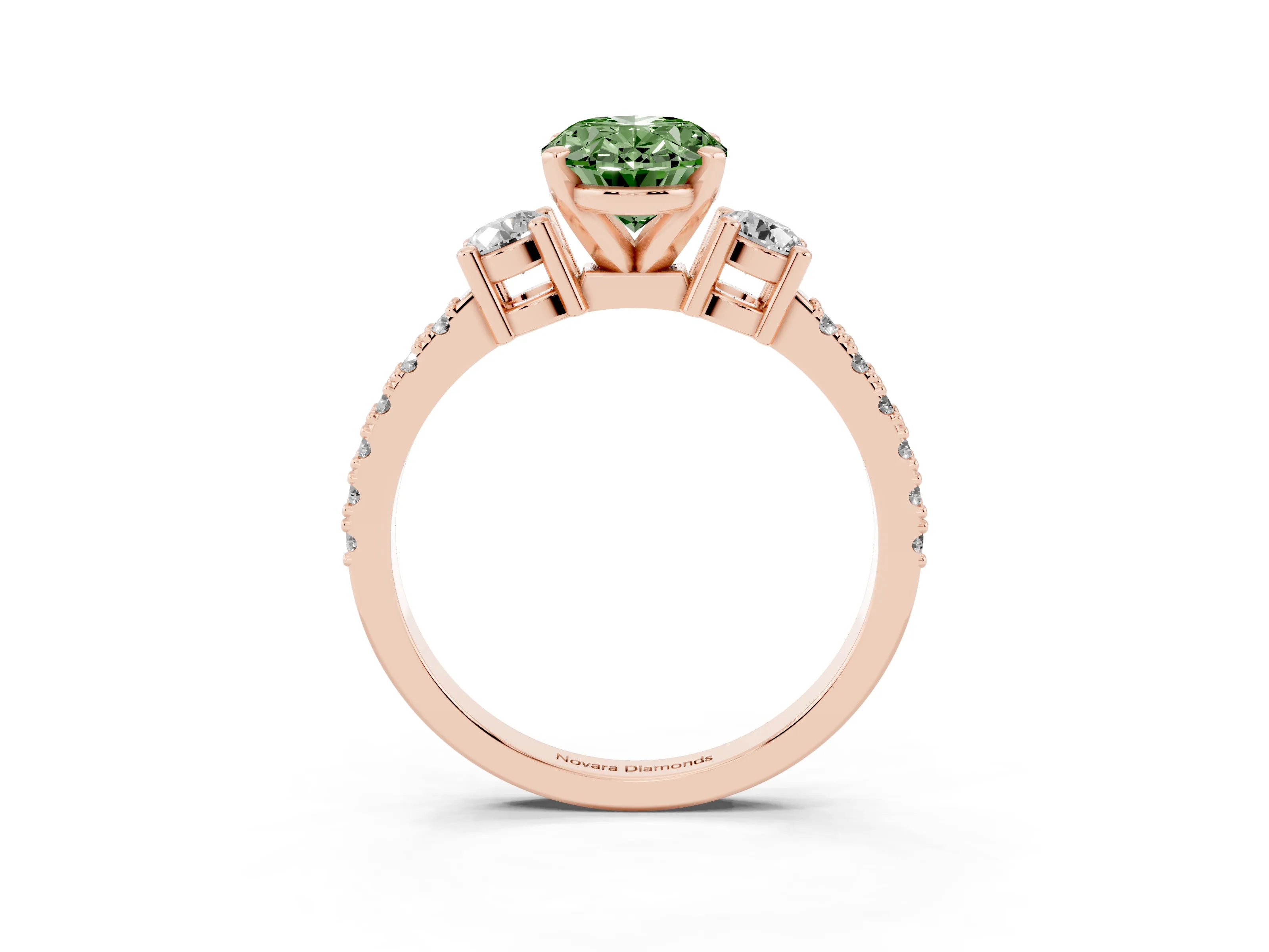 Fancy Green Three-Stone Oval Cut Diamond Pavé Band Ring Set in Rose gold with Prong Setting