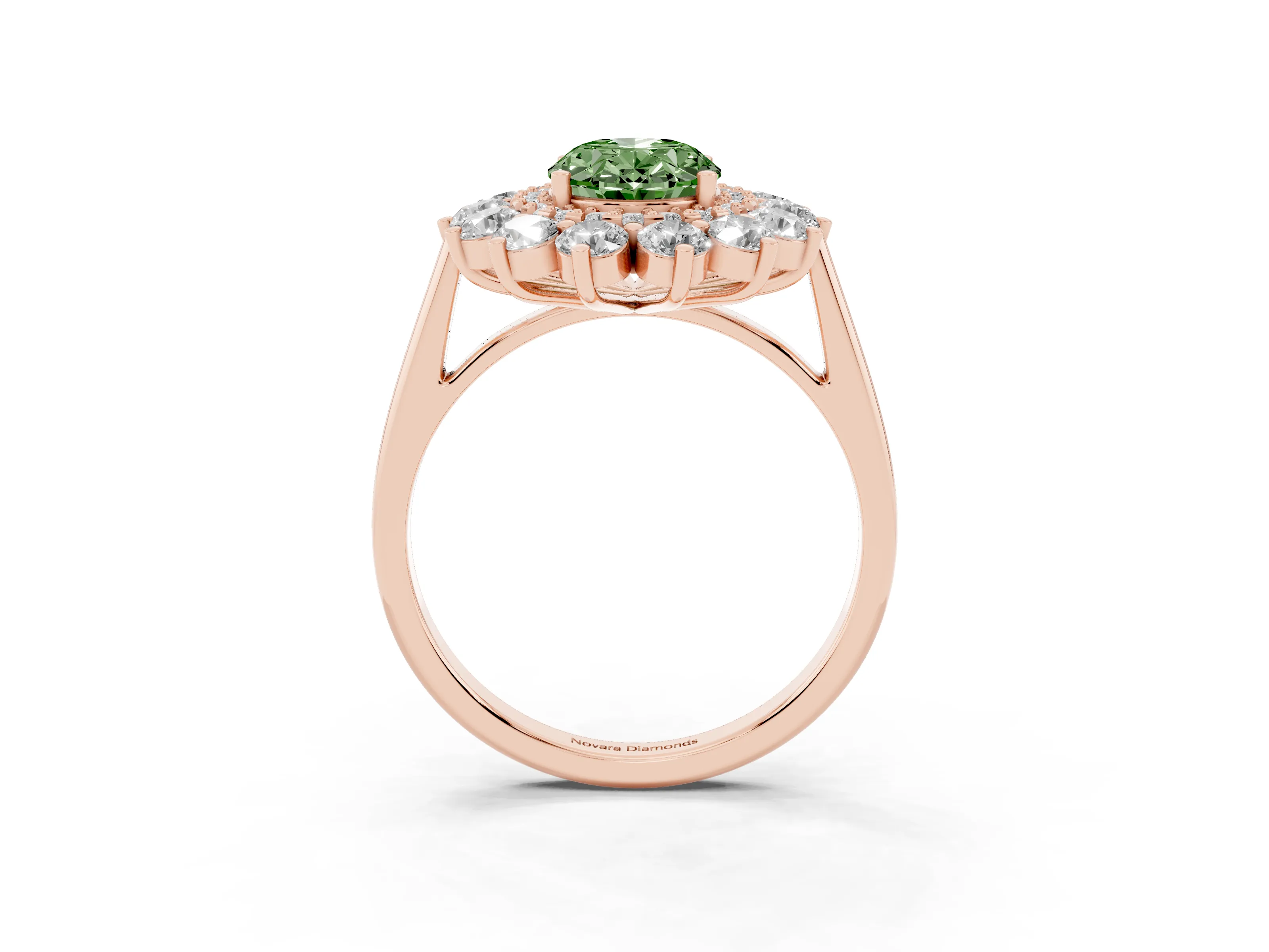 Fancy Green Oval Cut Diamond Floral Double Halo Ring Set in Rose gold with Round Petals