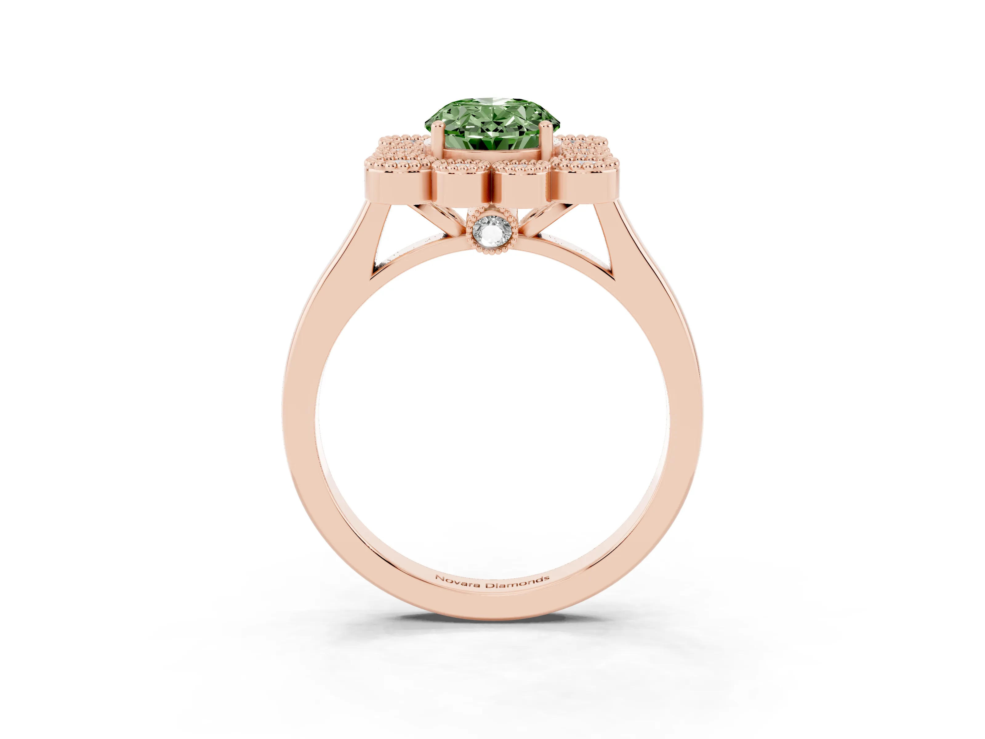 Fancy Green Oval Cut Diamond Cluster Halo Ring Set in Rose gold with Milgrain Bezel Accents and Plain Band