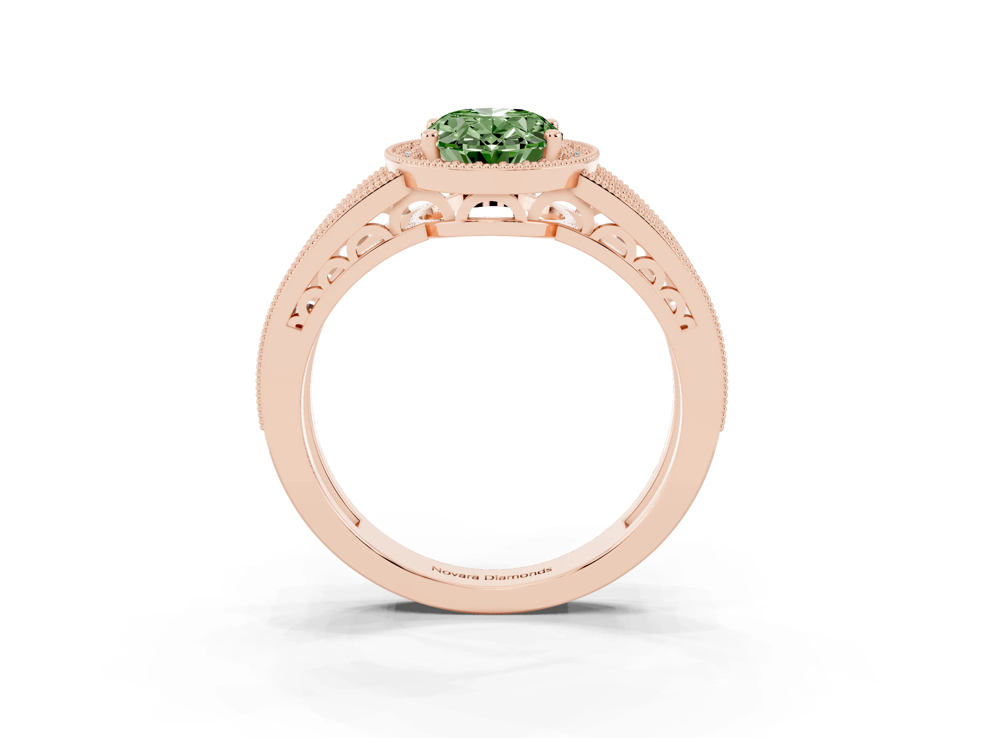 Fancy Green Oval Cut Diamond Halo Ring Set in Rose gold with Accent Split Shank and Prong Setting