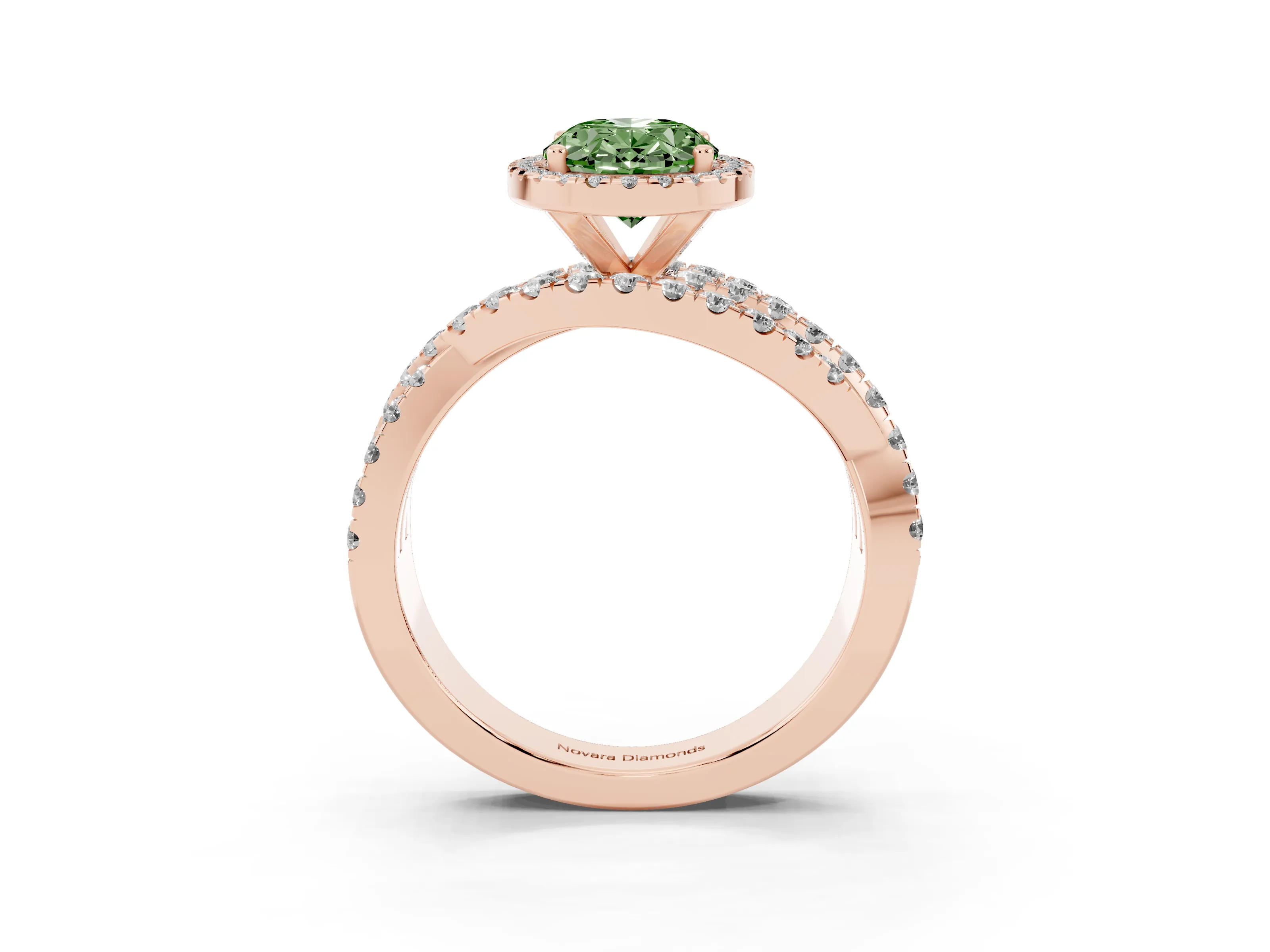Fancy Green Oval Cut Diamond Halo Ring Set in Rose gold with Round Crossover Split Shank and Prong Setting