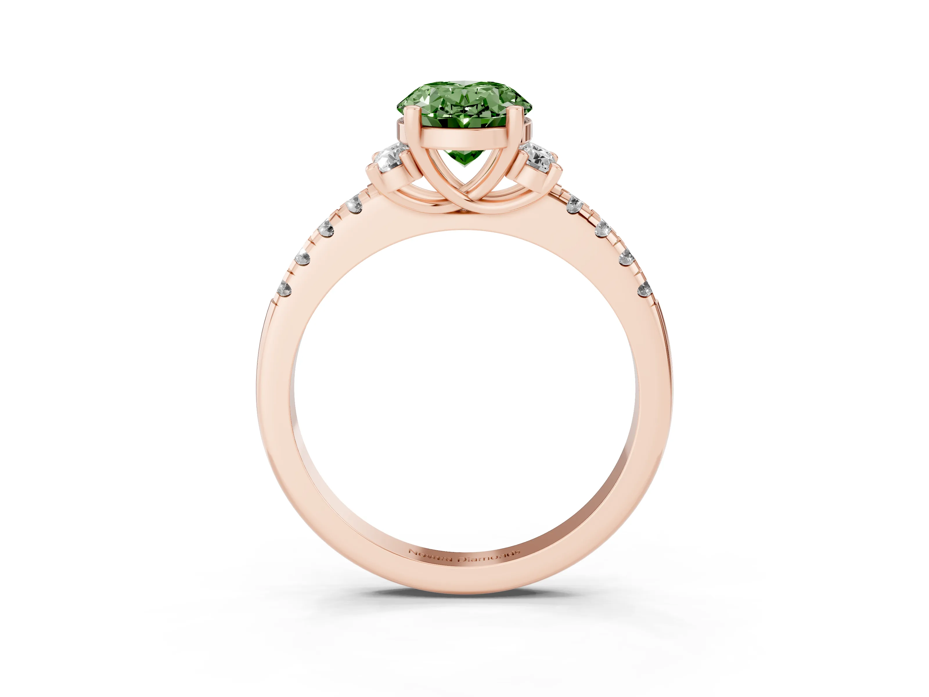 Fancy Green Oval Cut Diamond Three-Stone Pavé Ring Set in Rose gold with Prong Setting