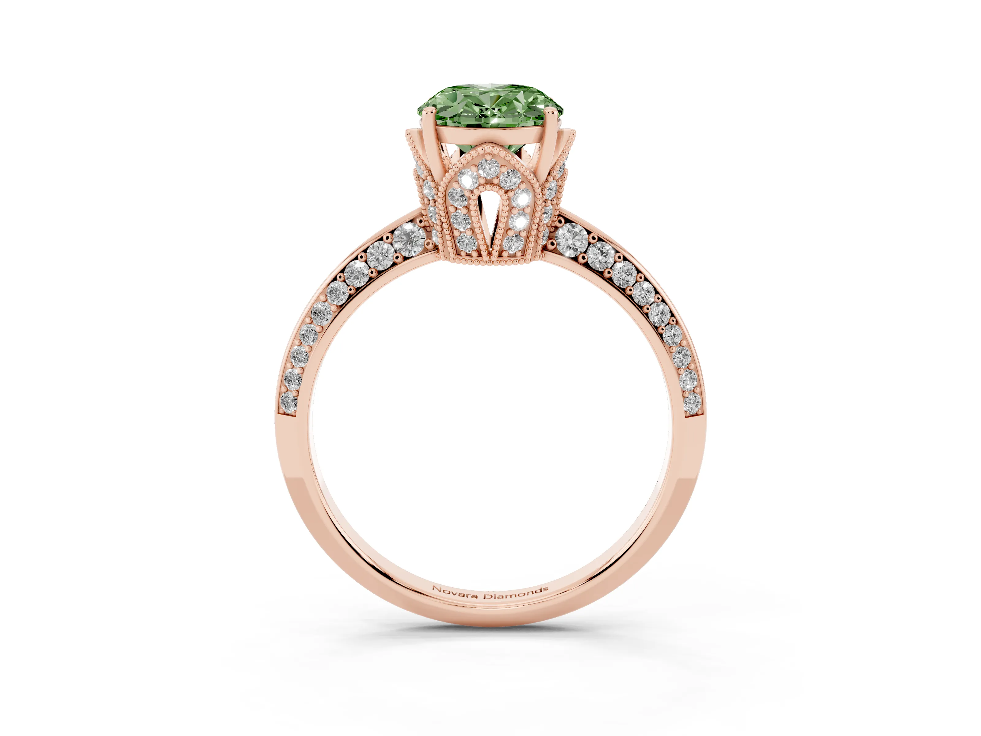Fancy Green Oval Cut Diamond Solitaire Engagement Ring Set in Rose gold with Pavé Split Shank and Prong Setting