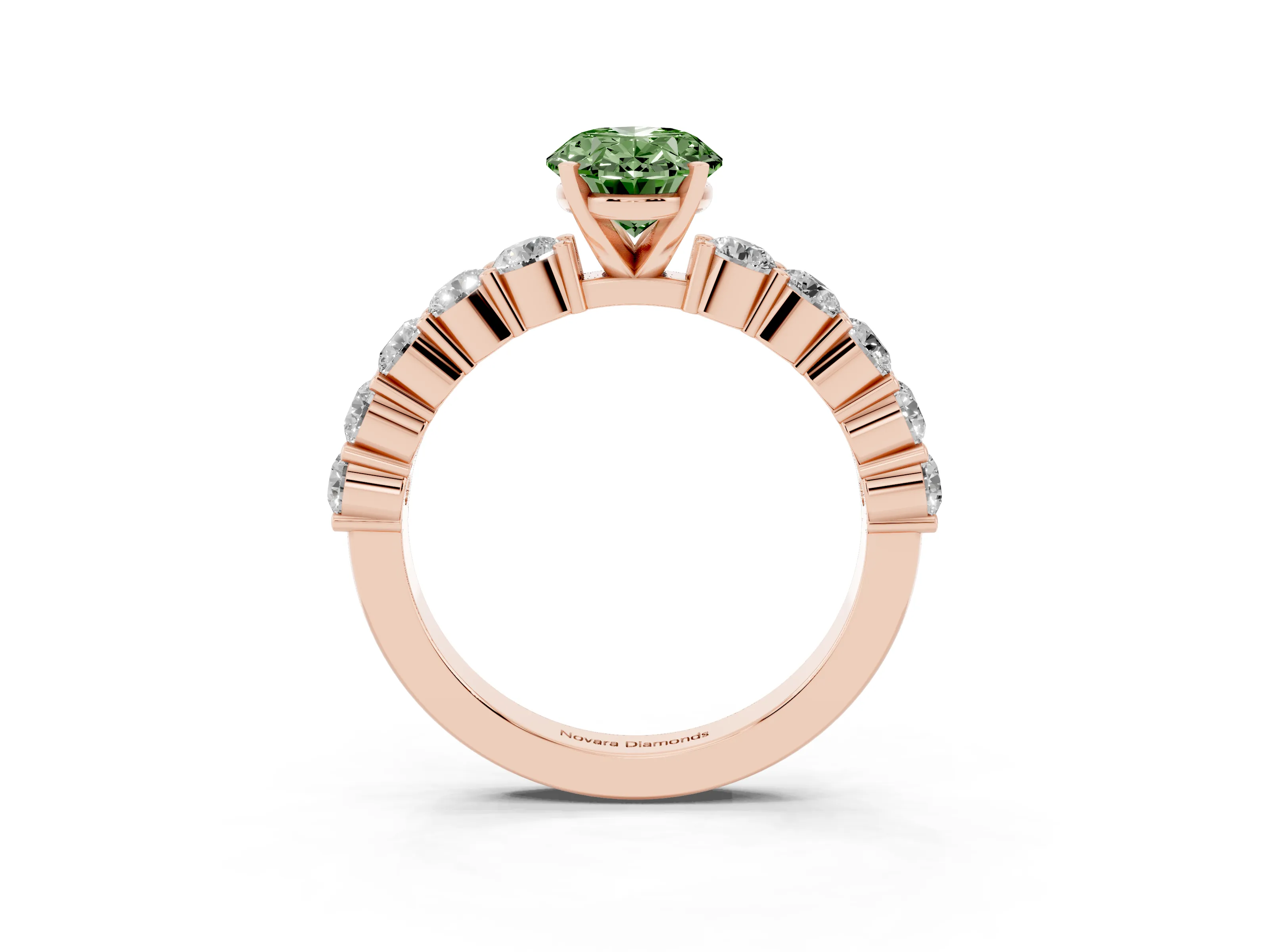 Fancy Green Oval Cut Diamond Solitaire Ring Set in Rose gold with Shared Prong Round Side Stones