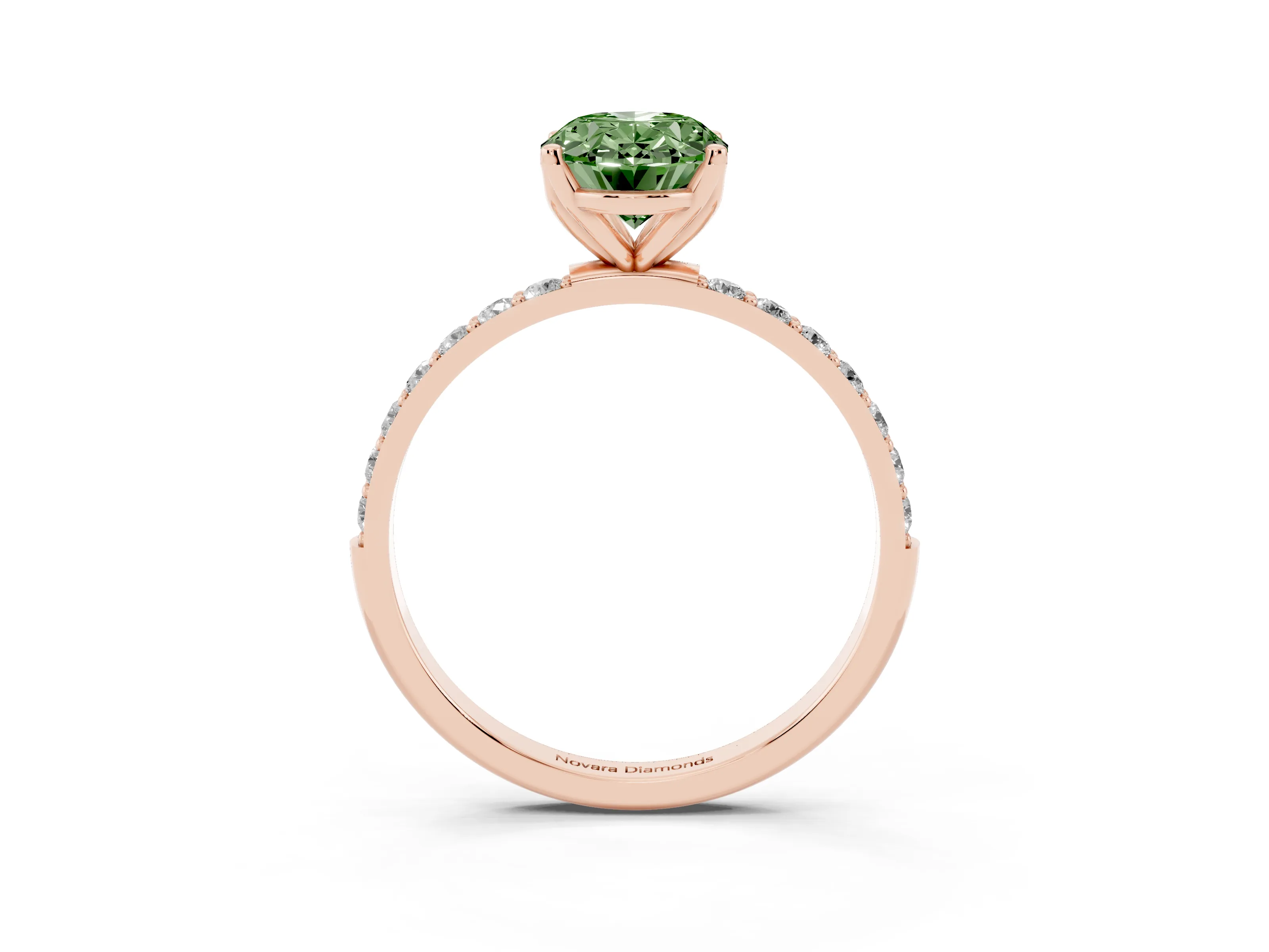 Fancy Green Oval Cut Diamond Solitaire Engagement Ring Set in Rose gold with Round Pavé Band and Prong Setting