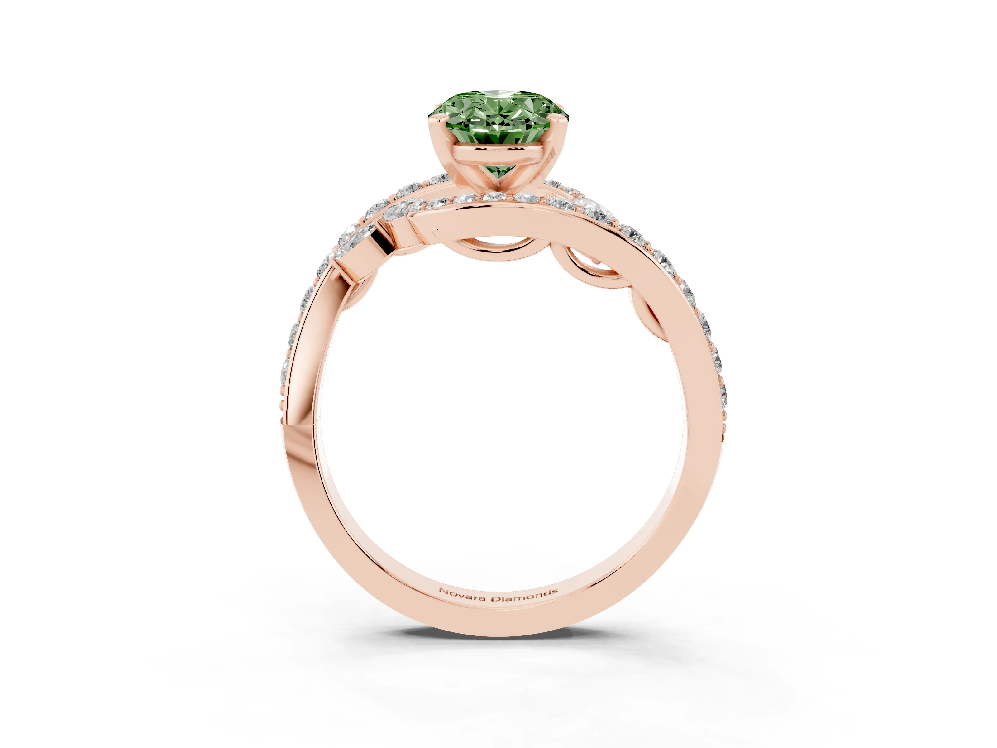 Fancy Green Oval Cut Diamond Solitaire Ring Set in Rose gold with Pavé Twist Band and Secure Prong Setting