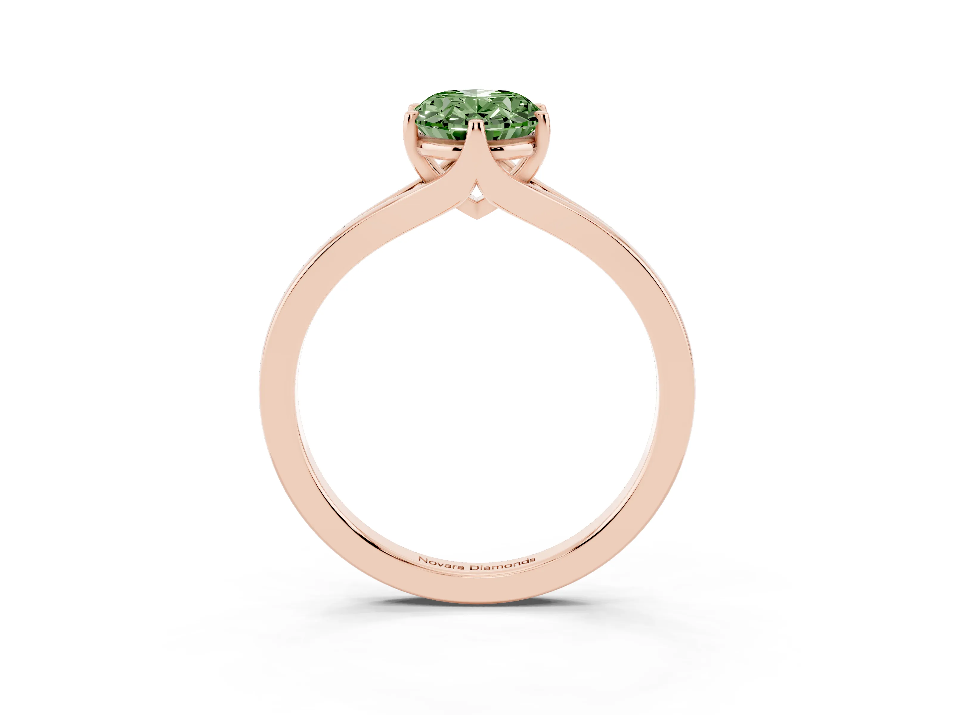 Fancy Green Oval Cut Diamond Solitaire Ring Set in Rose gold with Polished Tapered Band and Prong Setting
