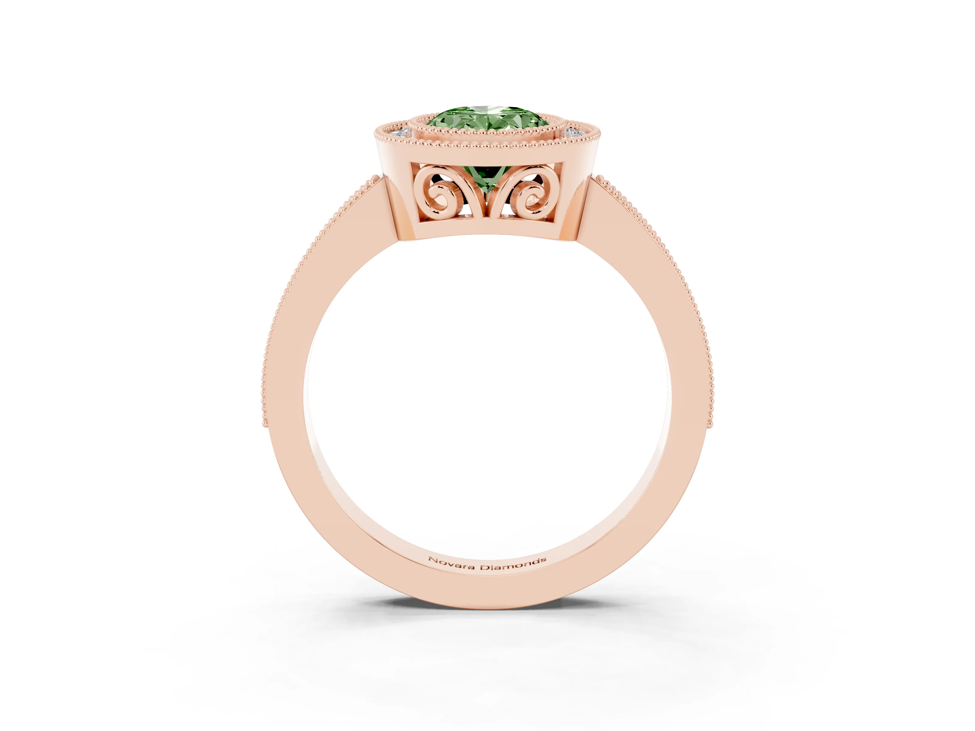 Fancy Green Oval Cut Diamond Halo Ring Set in Rose gold with Pavé Band and Milgrain-Edged Prongs