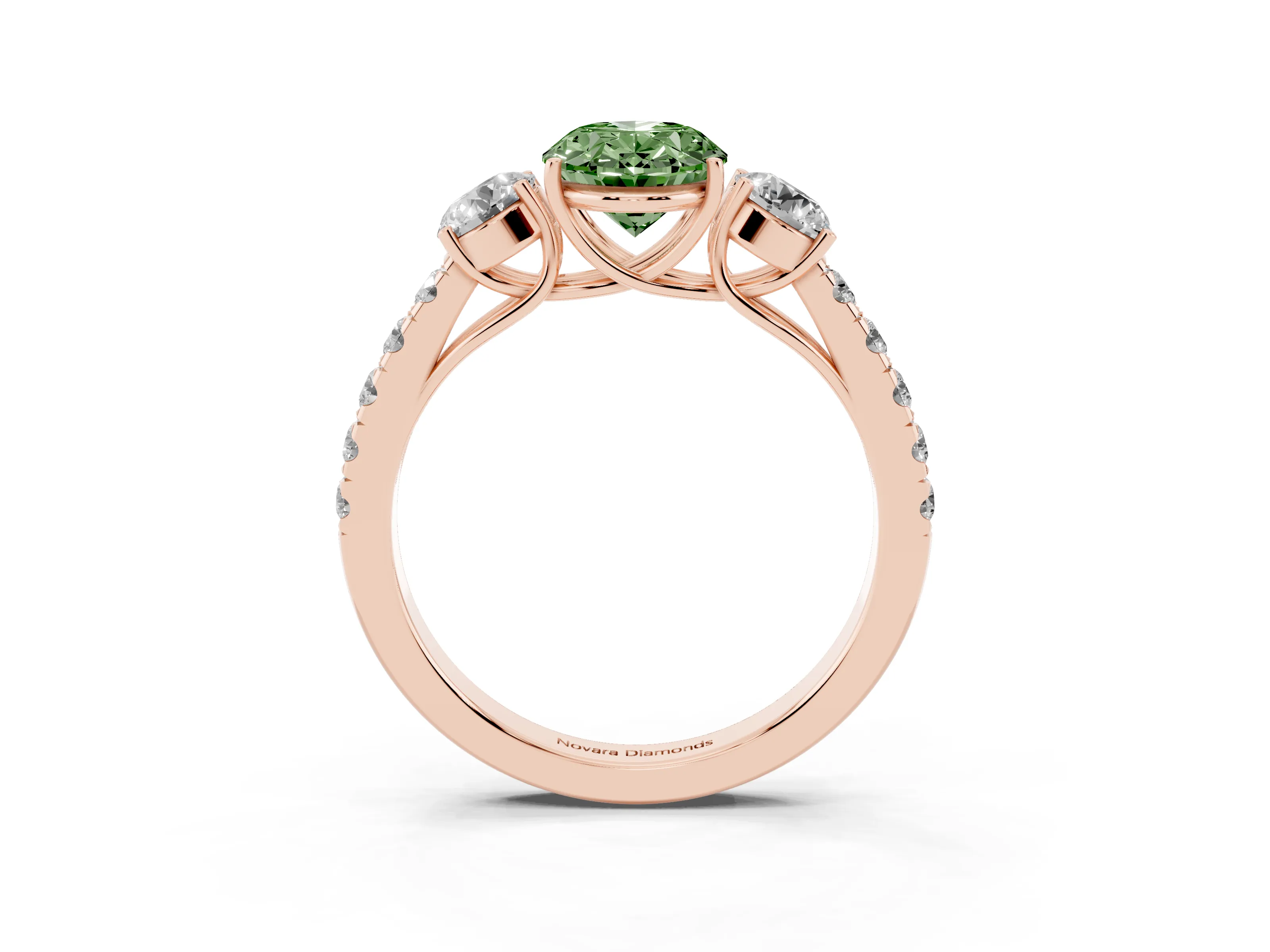 Fancy Green Oval Cut Diamond Three-Stone Ring Set in Rose gold with Round Side Stones and Delicate Pavé Band