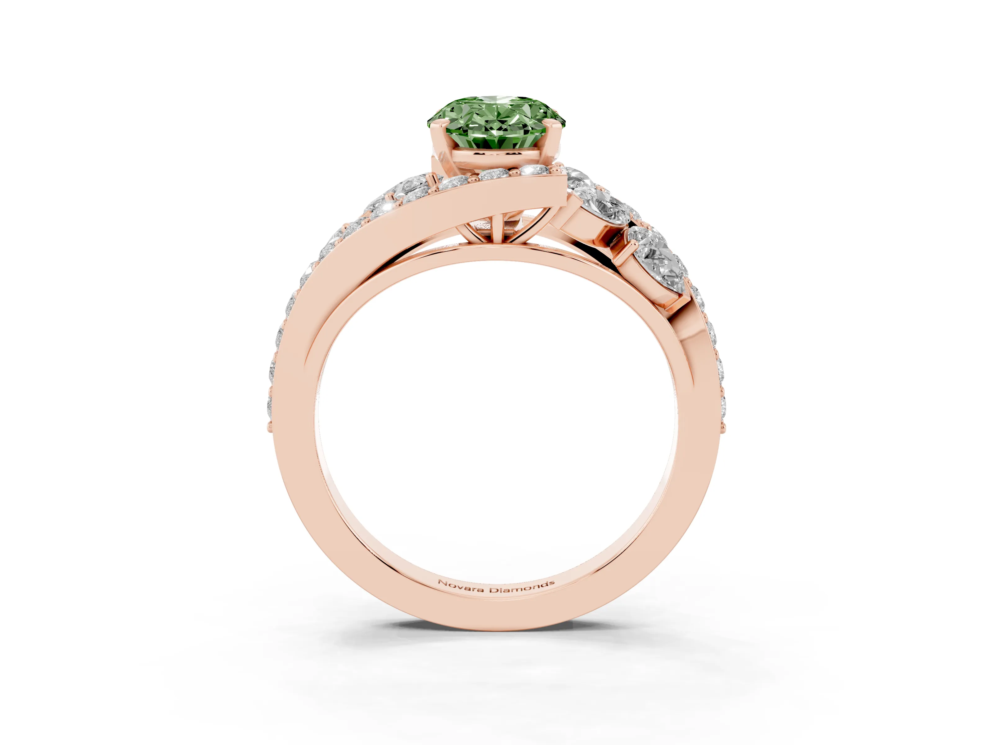 Fancy Green Oval Cut Diamond Halo Ring Set in Rose gold with Marquise and Pavé Band in Prong Setting
