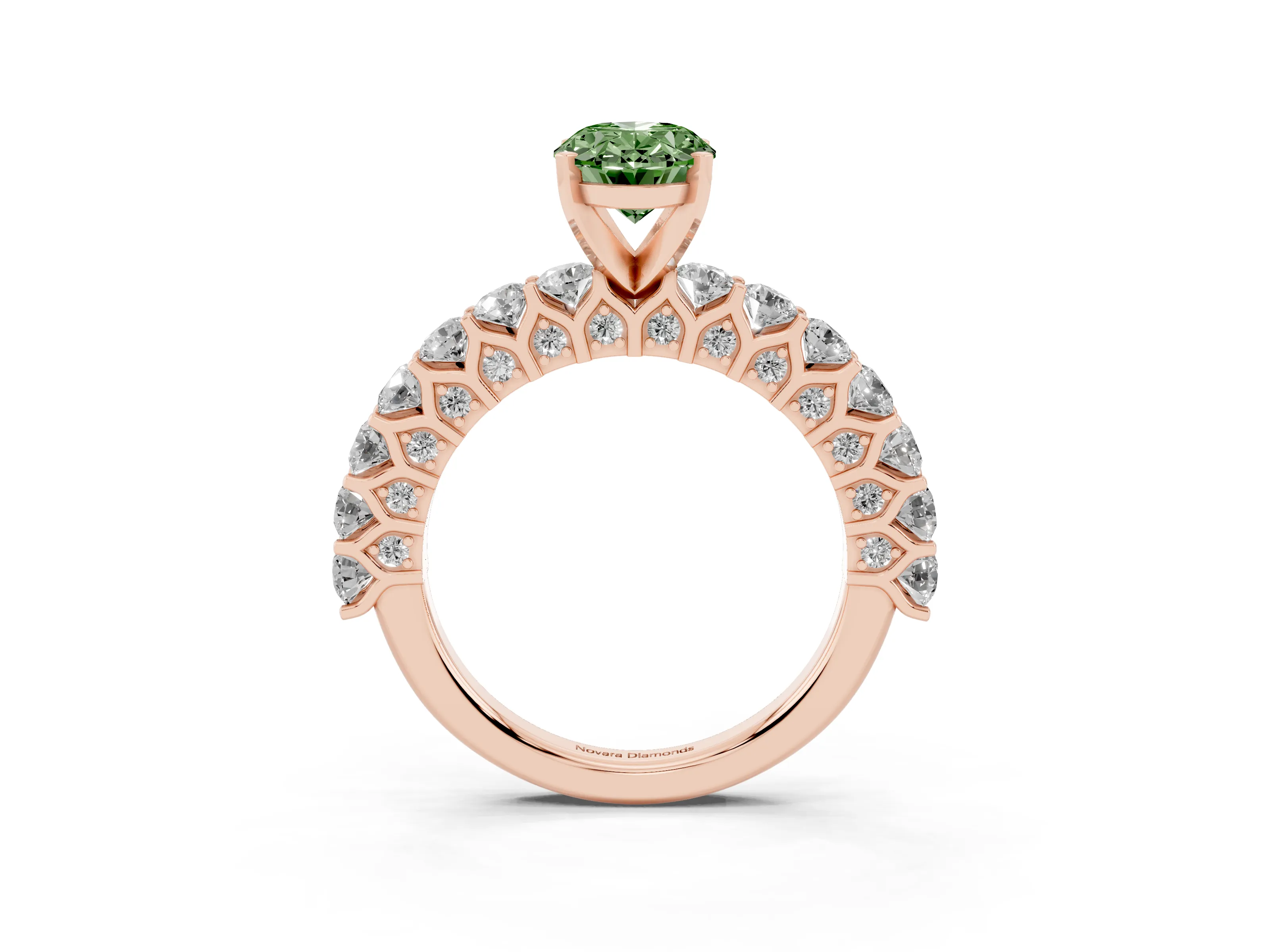 Fancy Green Oval Cut Diamond Solitaire Ring Set in Rose gold with Shared Prong Pavé Band