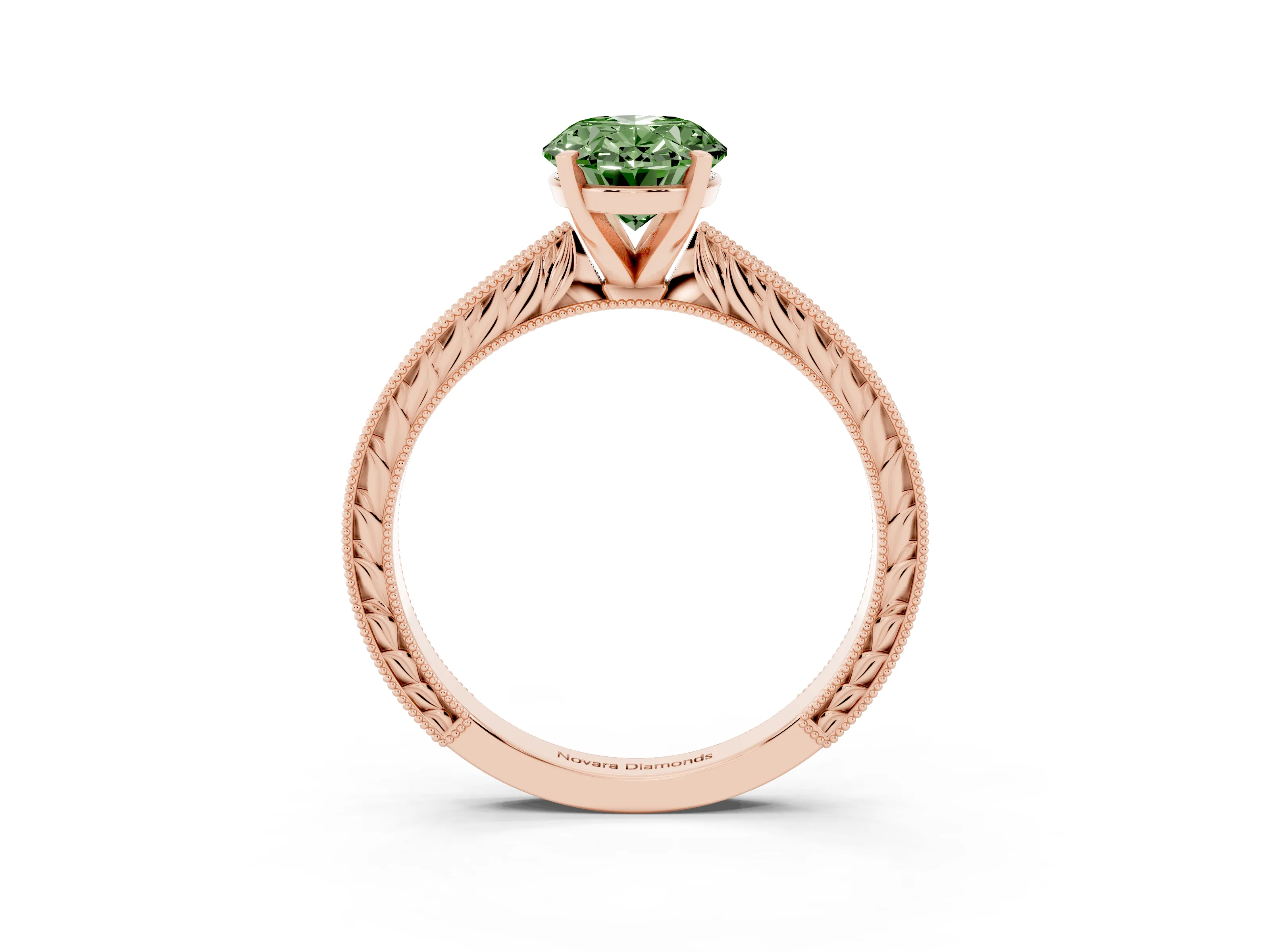Fancy Green Oval Cut Diamond Solitaire Milgrain Engraved Band Set in Rose gold with Prong Setting
