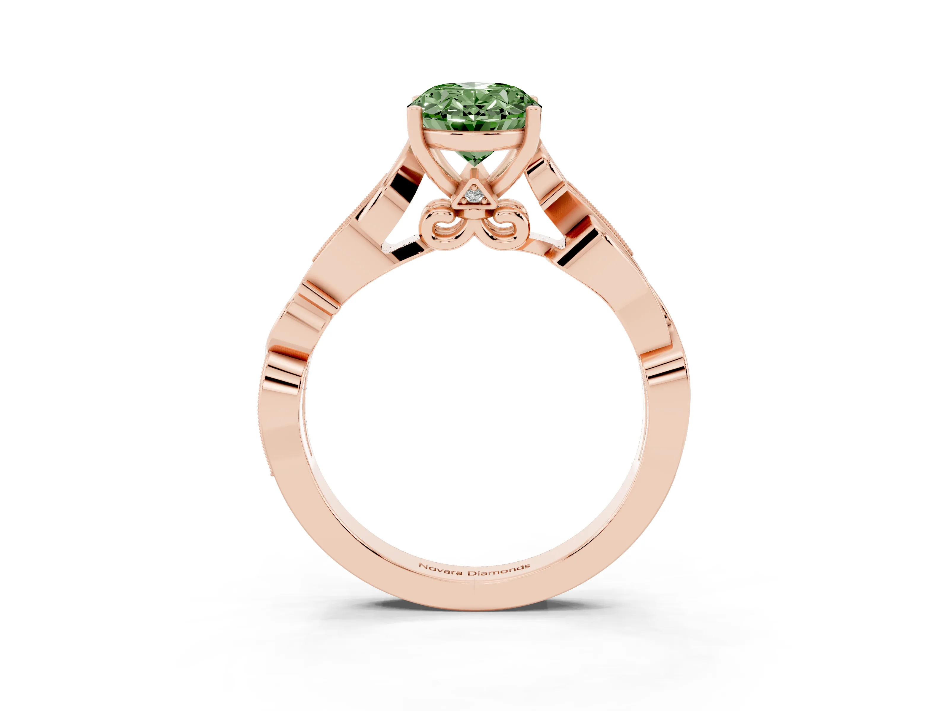 Fancy Green Oval Cut Diamond Vine Band Solitaire Ring Set in Rose gold with Milgrain Prong Setting