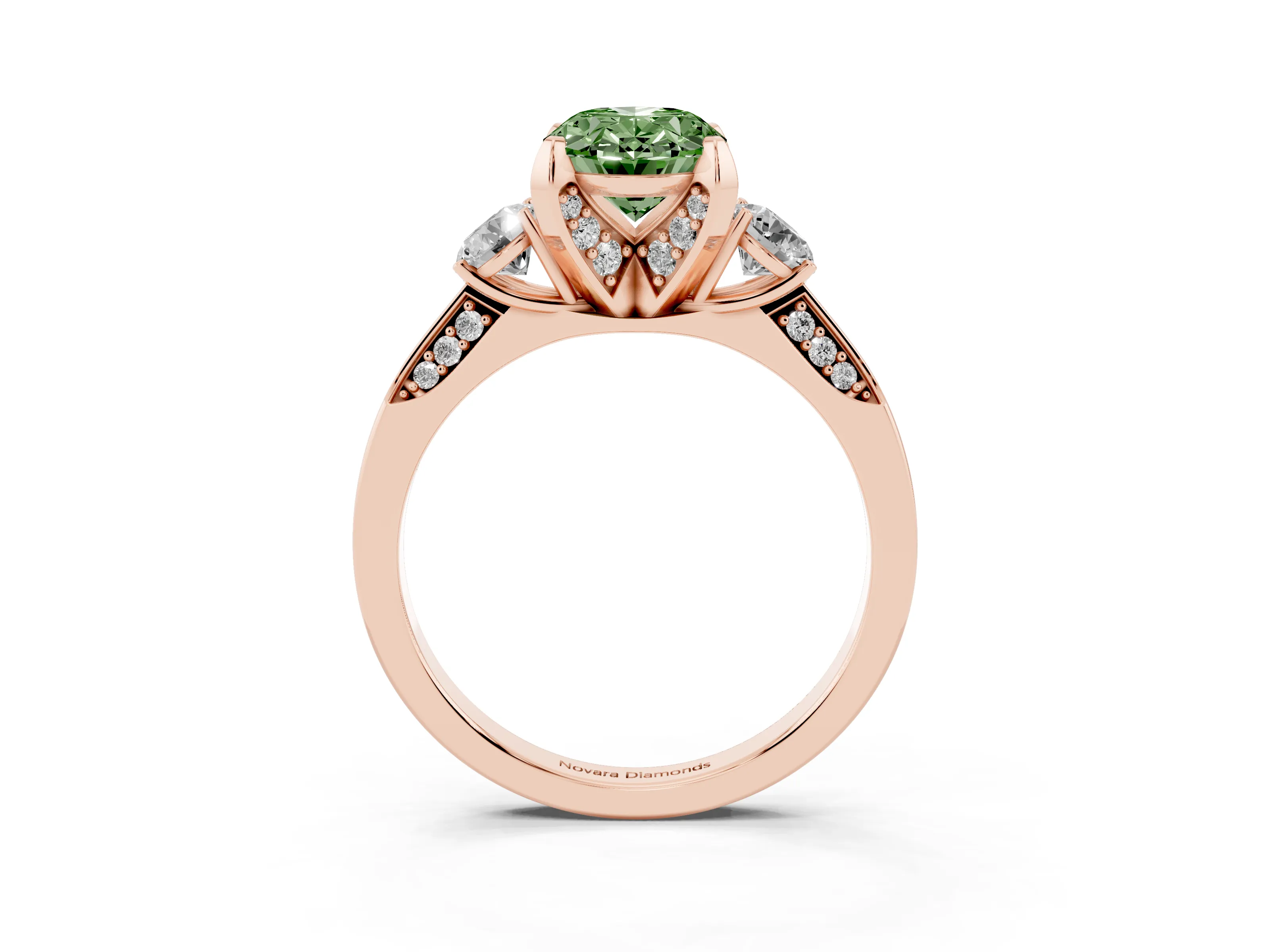Fancy Green Oval Cut Diamond Three-Stone Ring Set in Rose gold with Pavé Band and Smaller Side Stones