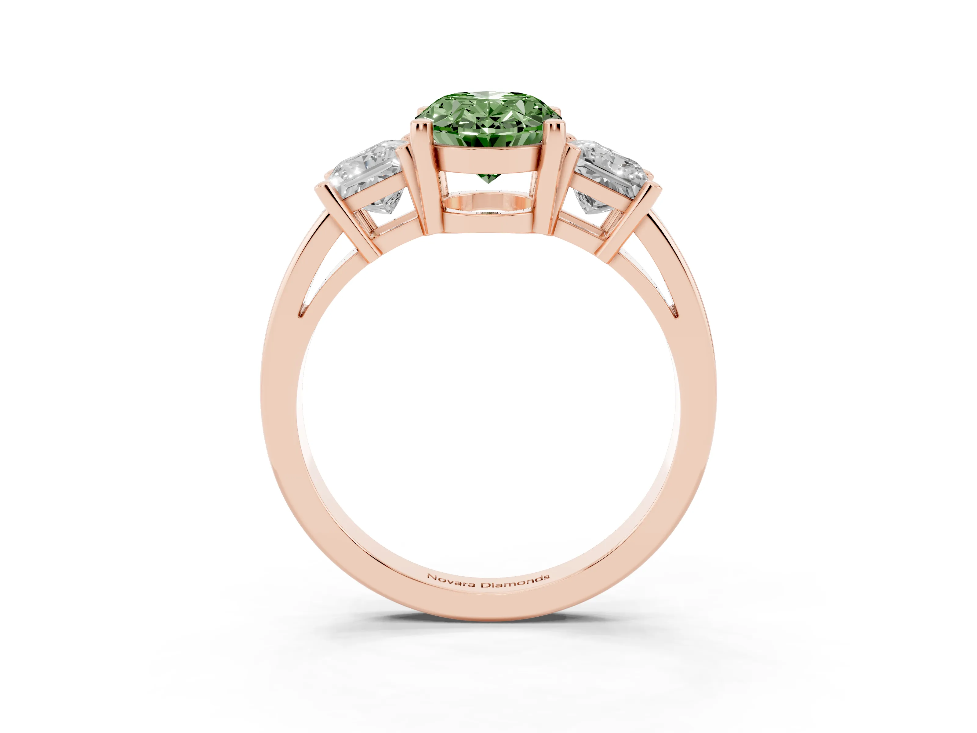 Fancy Green Three-Stone Oval Cut Diamond Solitaire Ring Set in Rose gold with Prong Setting