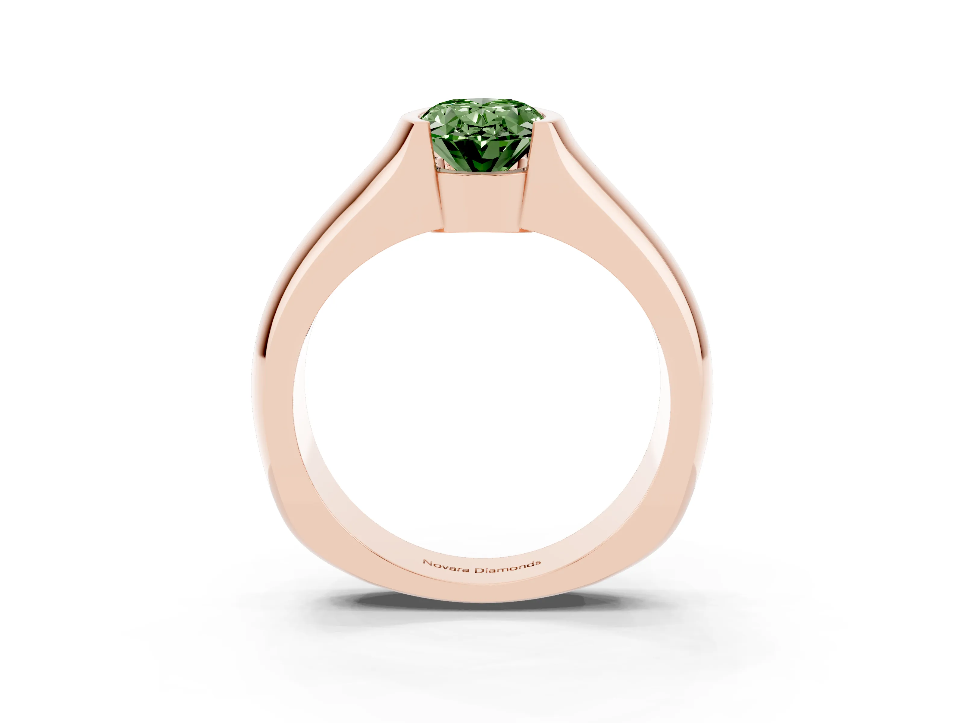 Fancy Green Oval Cut Diamond Bezel Solitaire Ring Set in Rose gold with Wide Band