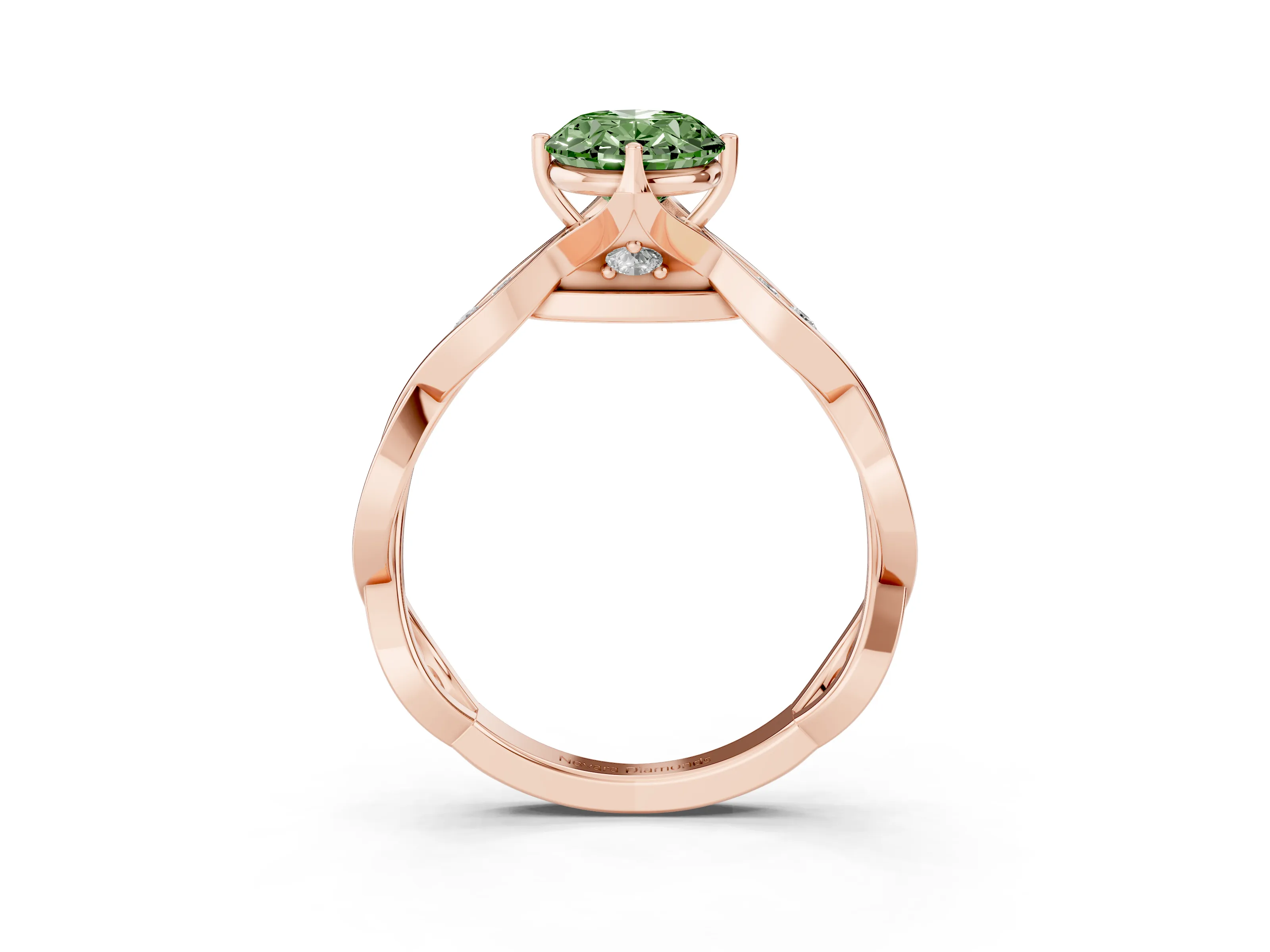 Fancy Green Oval Cut Diamond Twist Band Solitaire Ring Set in Rose gold with Leaf Prong Setting and Accent Stones