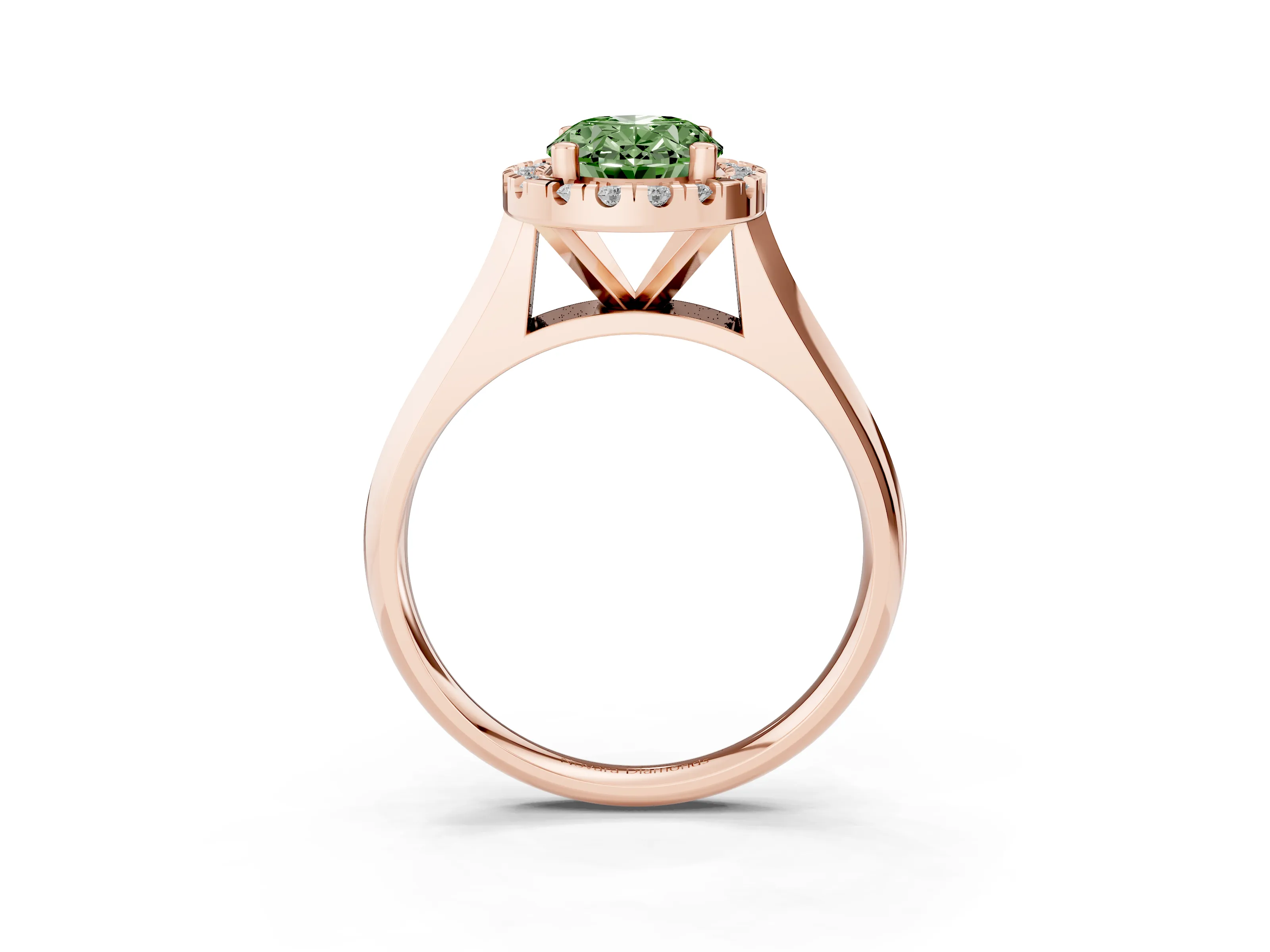 Fancy Green Oval Cut Diamond Halo Solitaire Engagement Ring Set in Rose gold with Square Band and Prong Setting