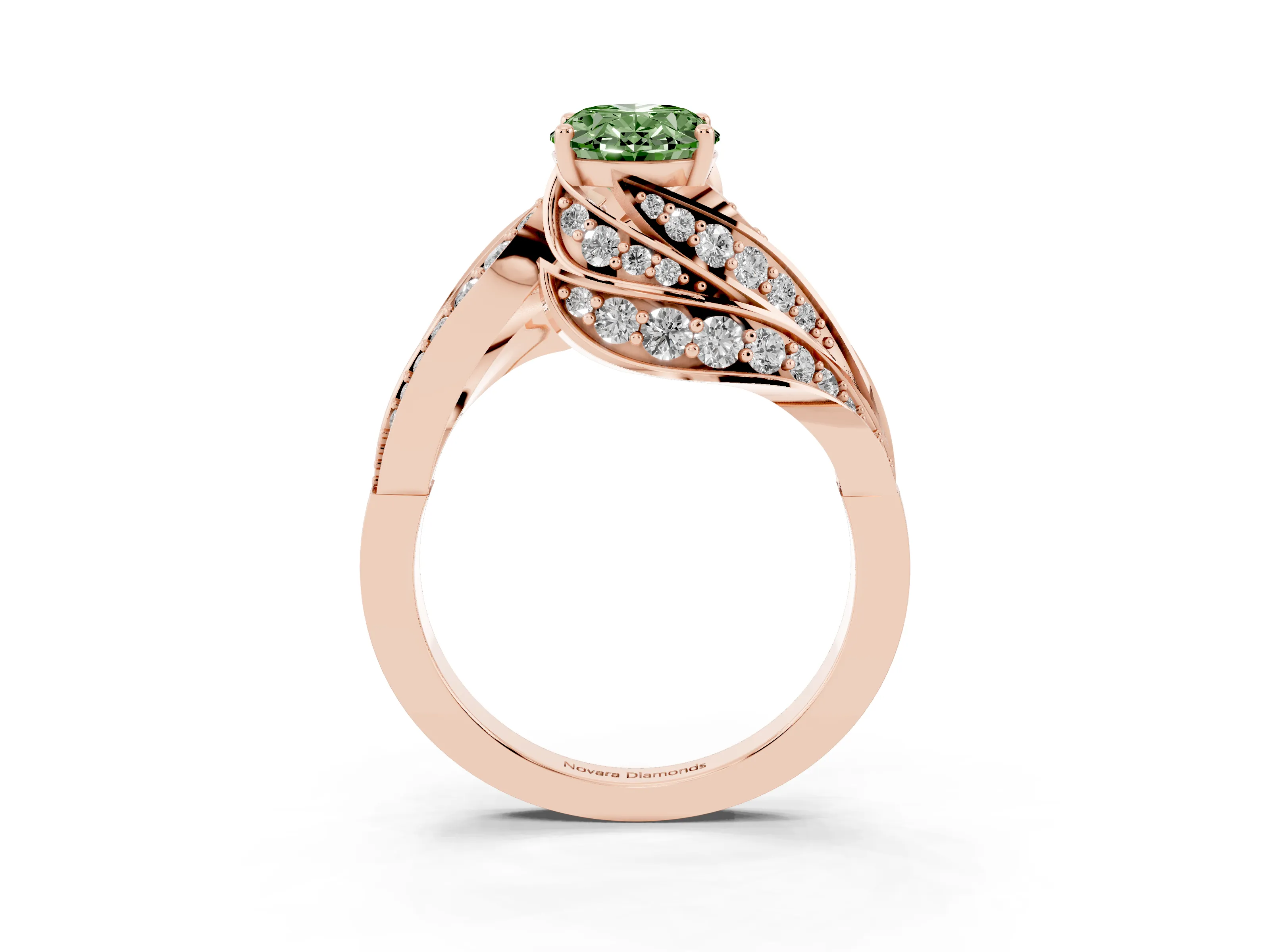 Fancy Green Oval Cut Diamond Solitaire Ring Set in Rose gold with Layered Twist Pavé Band