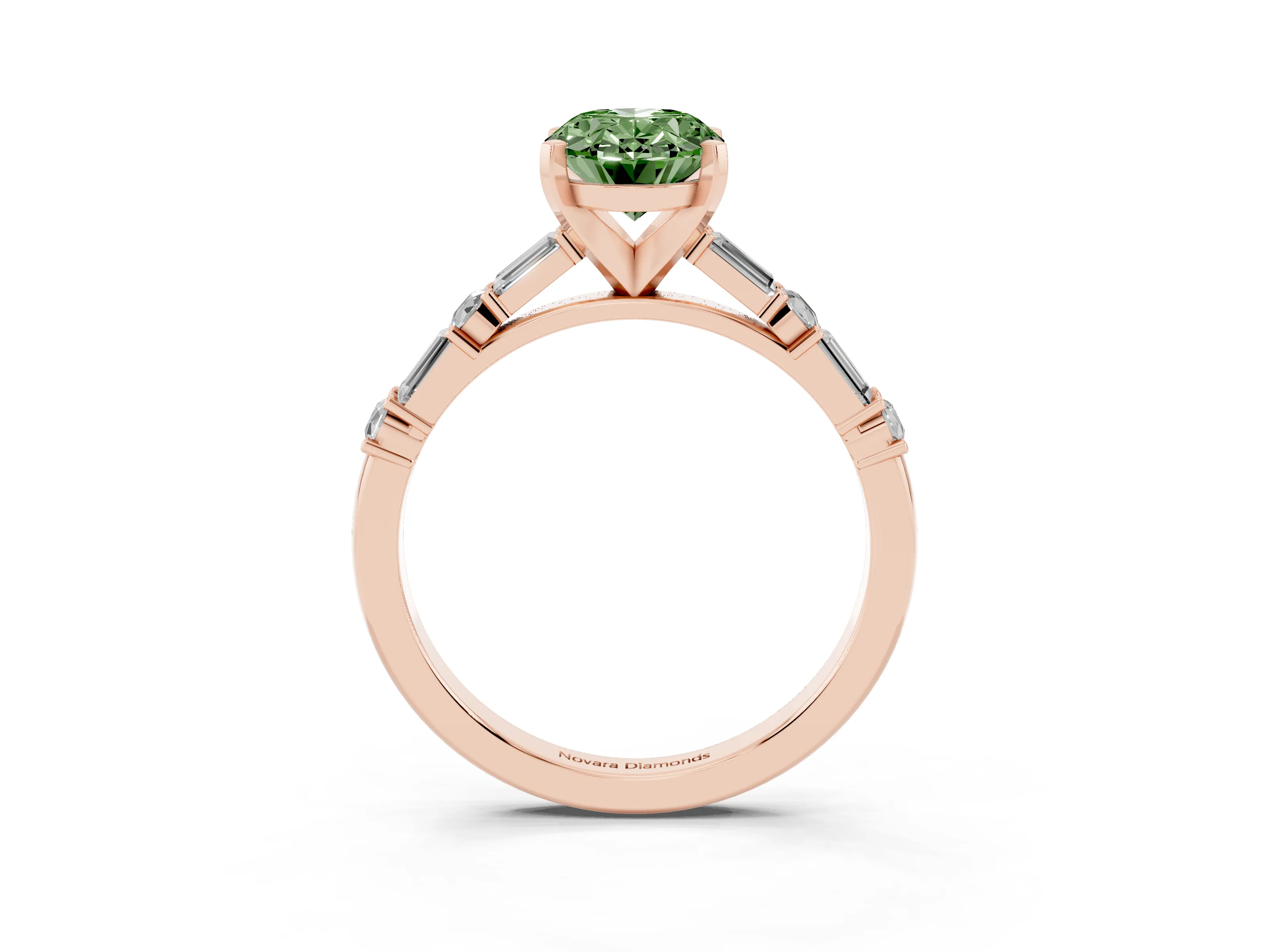 Fancy Green Oval Cut Diamond Solitaire Set in Rose gold with Side Baguettes and Channel Set Band