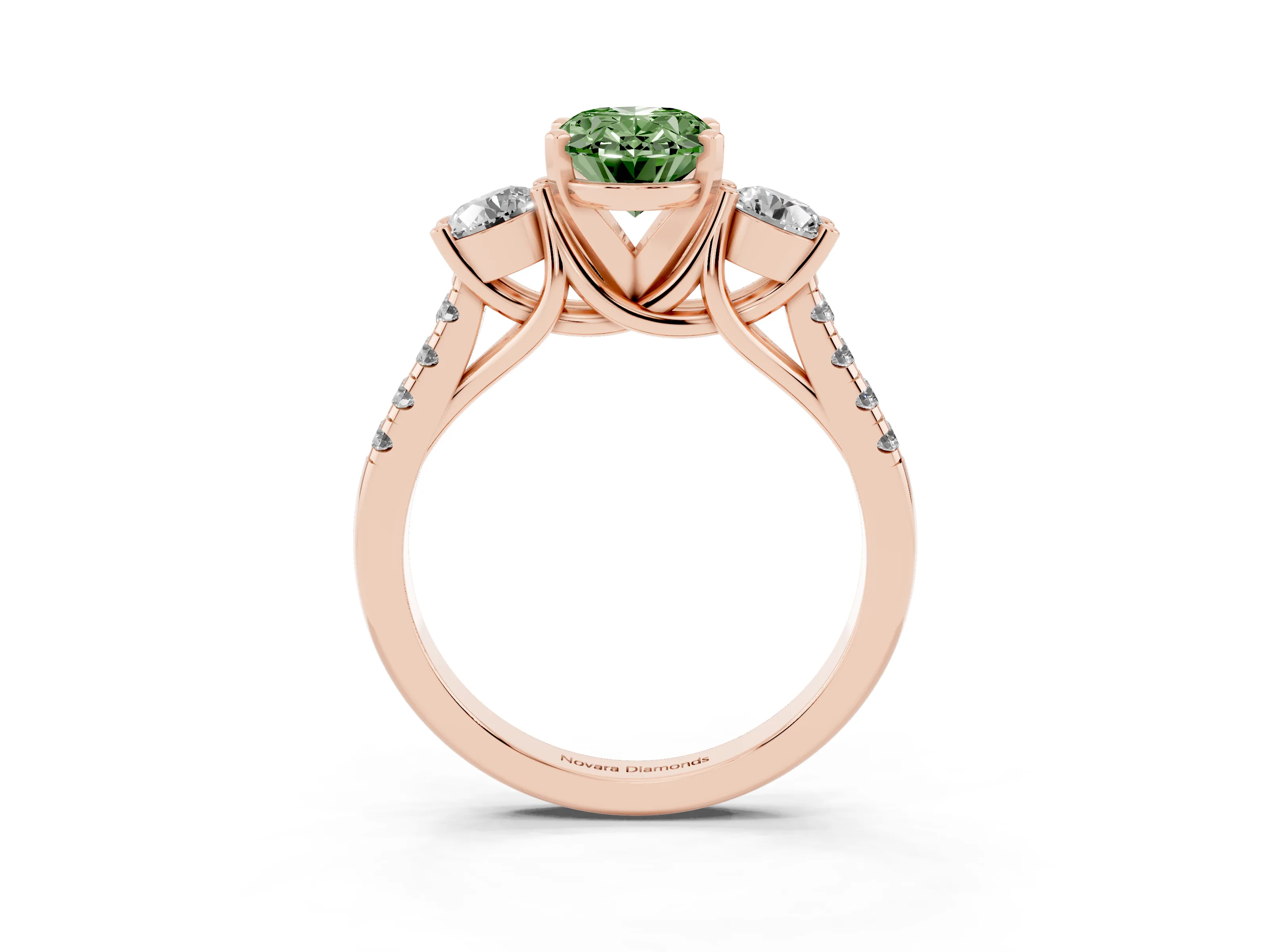 Fancy Green Three-Stone Oval Cut Diamond Pavé Band Ring Set in Rose gold with Prong-Set Trio