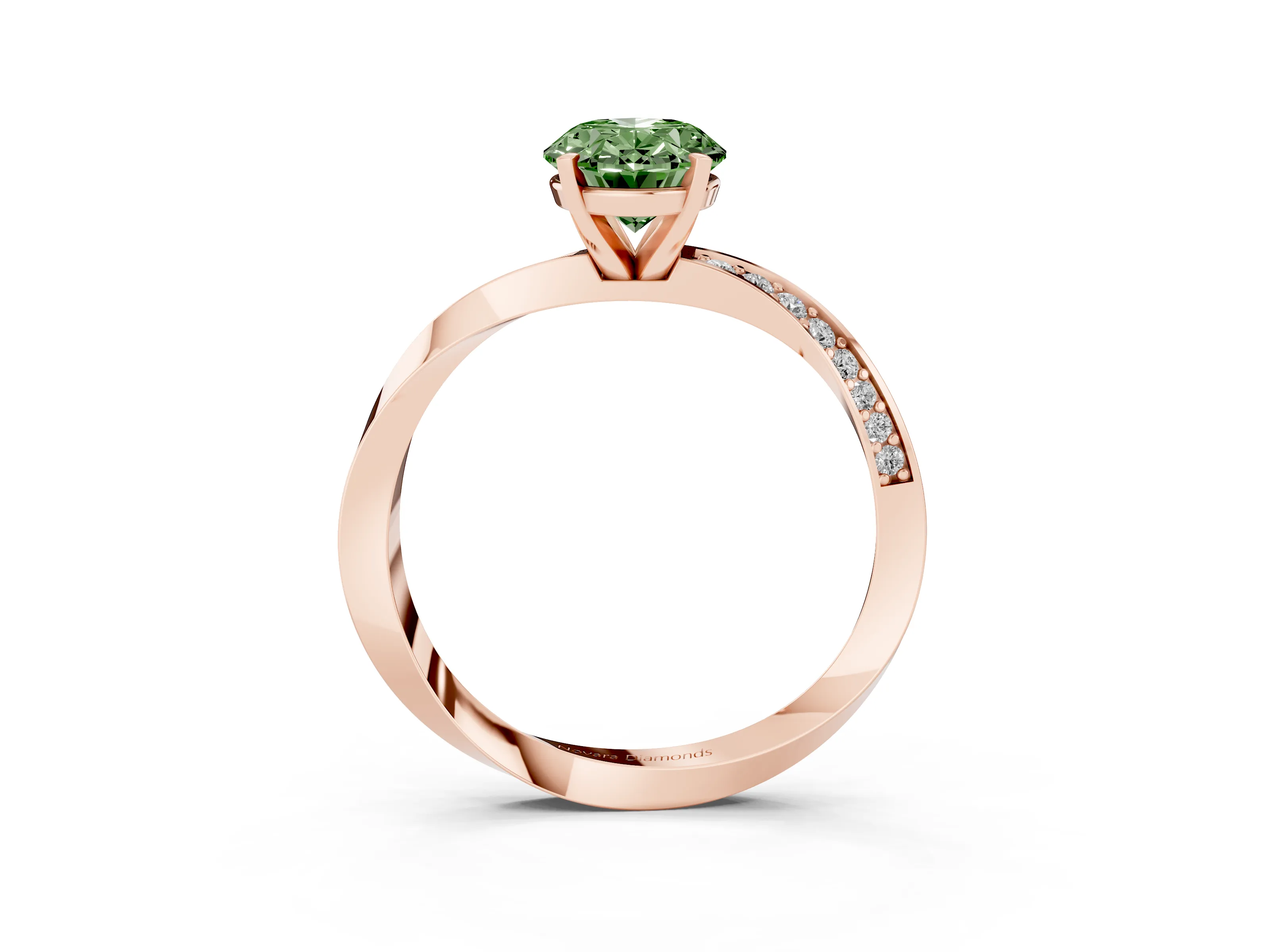 Fancy Green Oval Cut Diamond Engagement Ring Set in Rose gold with Side Stone Accents and Prong Setting