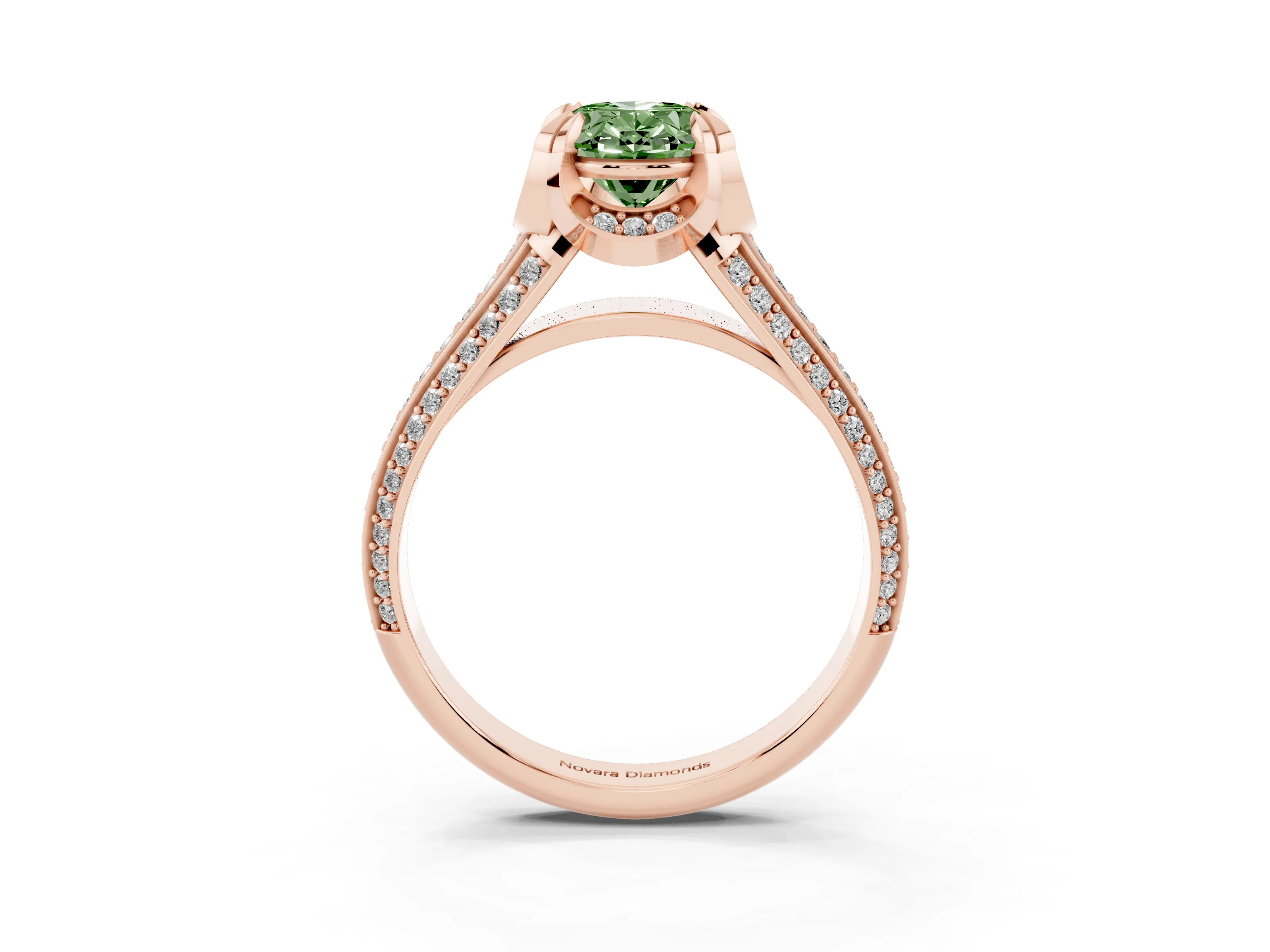 Fancy Green Oval Cut Diamond Pavé Split Shank Solitaire Ring Set in Rose gold with Prong Setting
