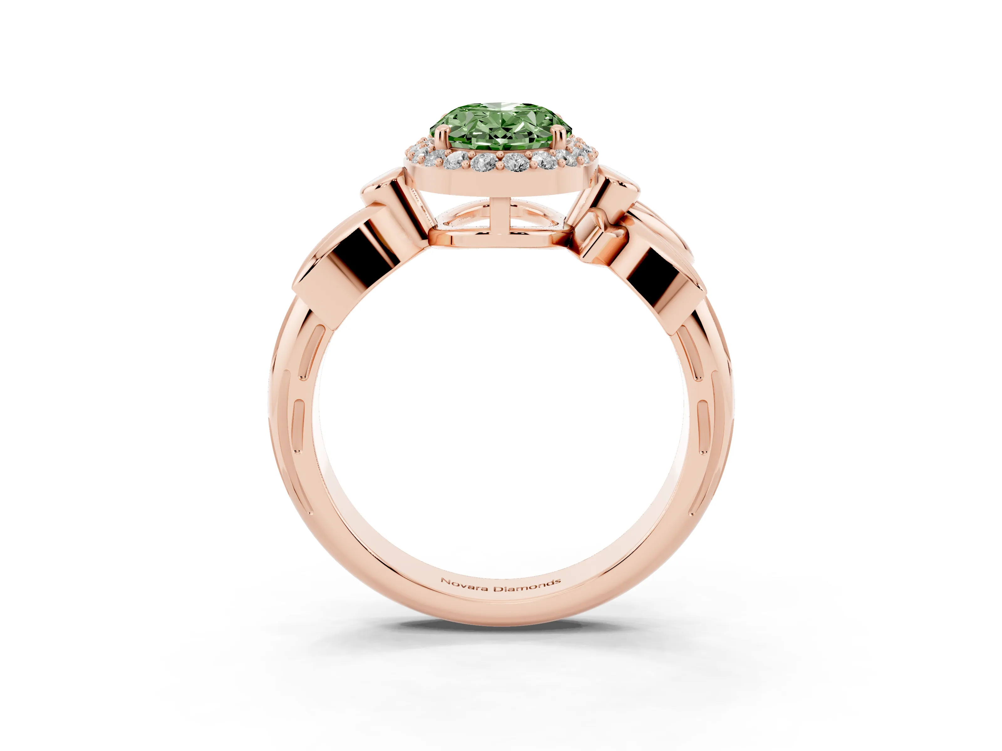 Fancy Green Oval Cut Diamond Halo Floral Band Ring Set in Rose gold with Prong Setting