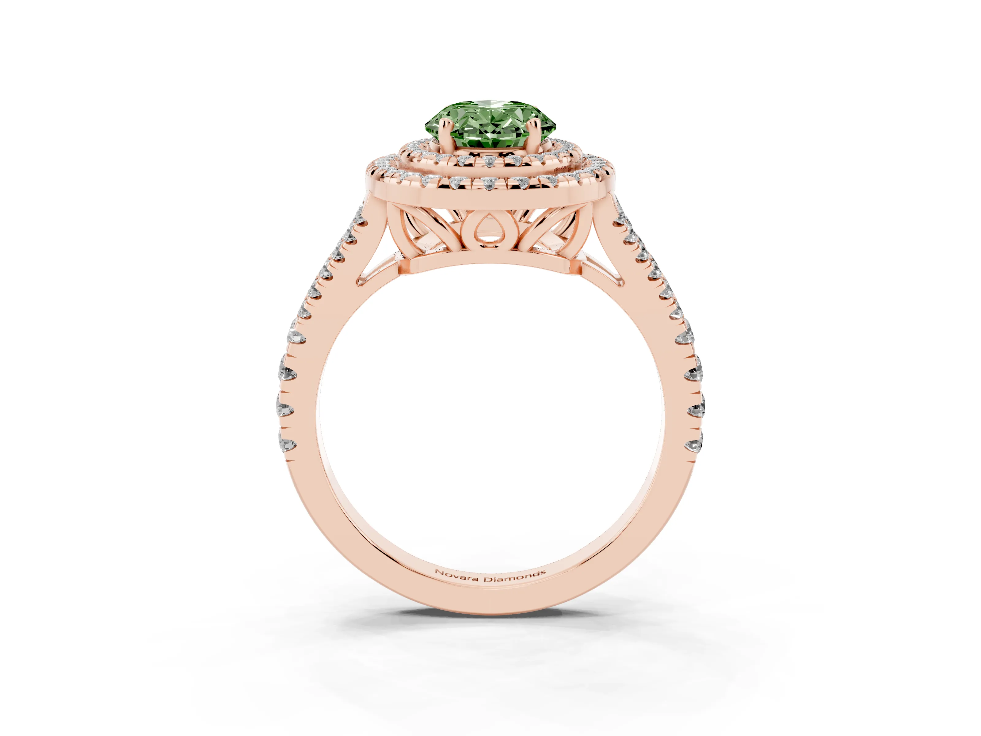 Fancy Green Oval Cut Diamond Double Halo Ring Set in Rose gold with Pavé Band