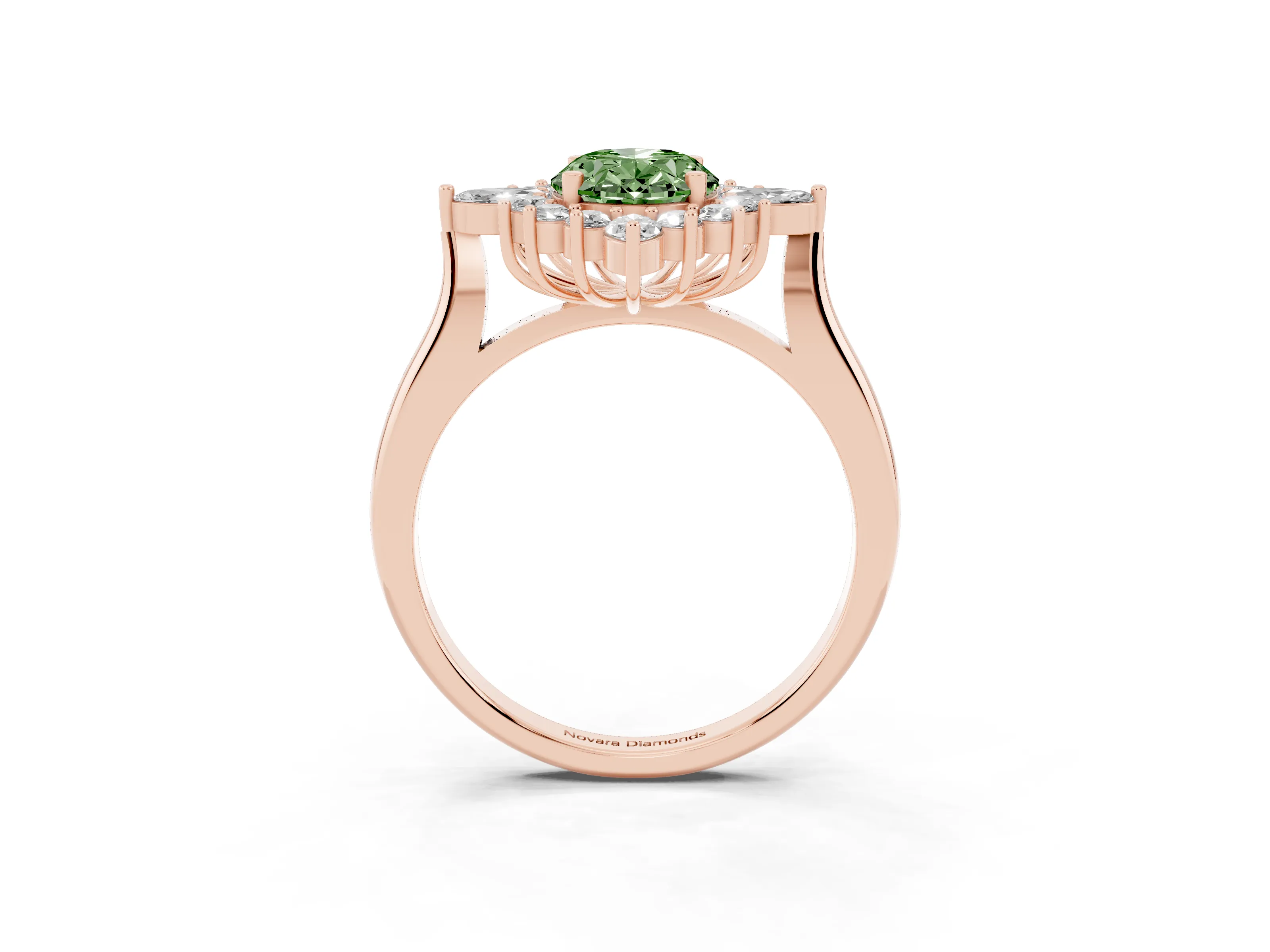 Fancy Green Oval Cut Diamond Cluster Halo Ring Set in Rose gold with Marquise and Round Accents