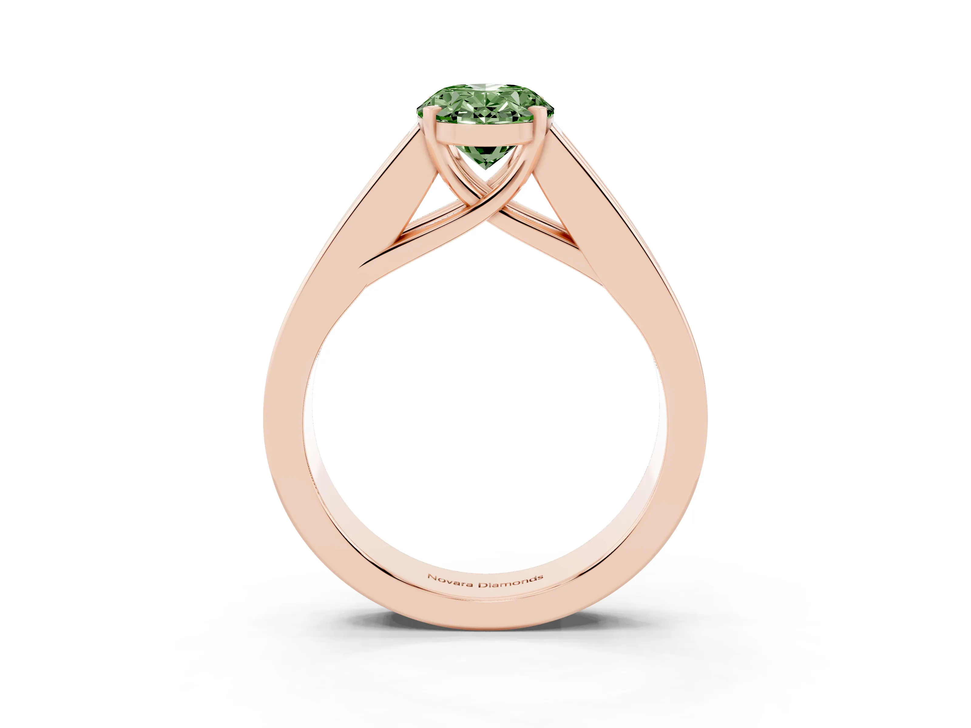 Fancy Green Oval Cut Diamond Solitaire Ring Set in Rose gold with Channel-Set Accent Stones and Prong Setting