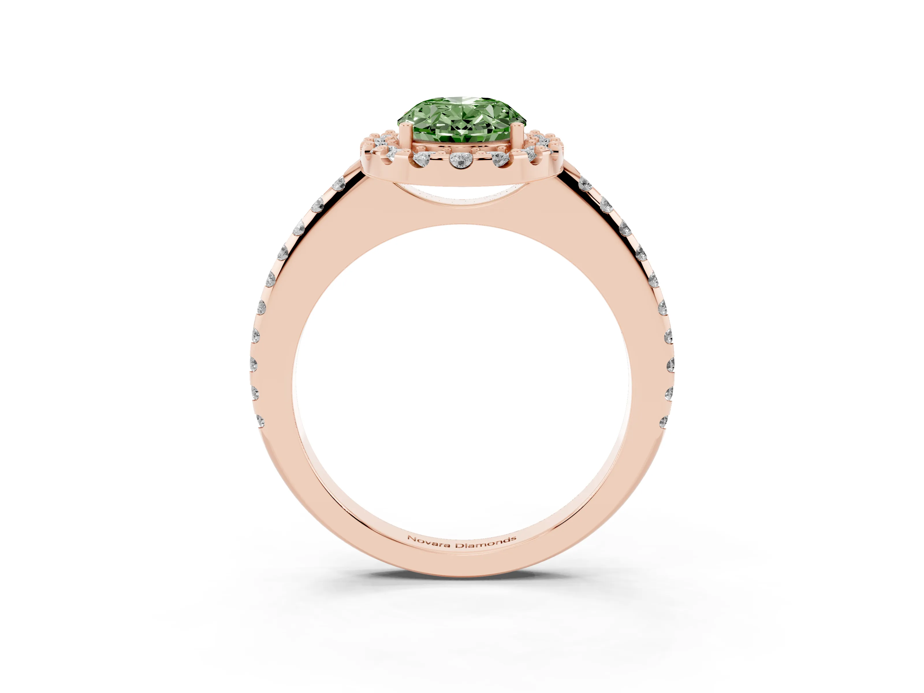 Fancy Green Oval Cut Diamond Pavé Halo Ring Set in Rose gold with Prong Setting