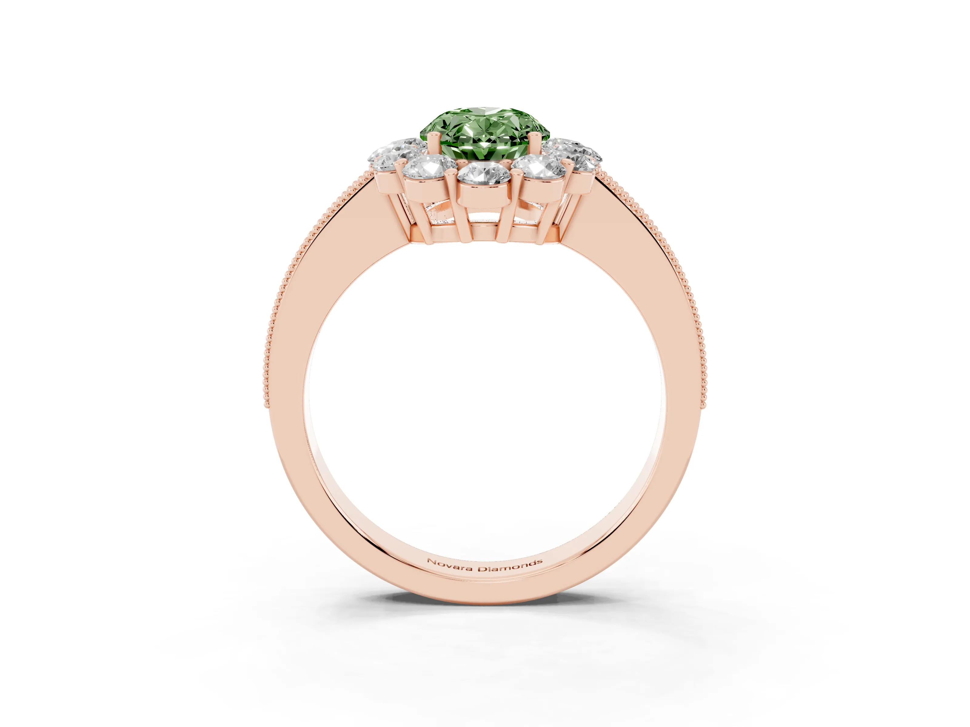 Fancy Green Oval Cut Diamond Halo Pavé Engagement Ring Set in Rose gold with Milgrain Detailing