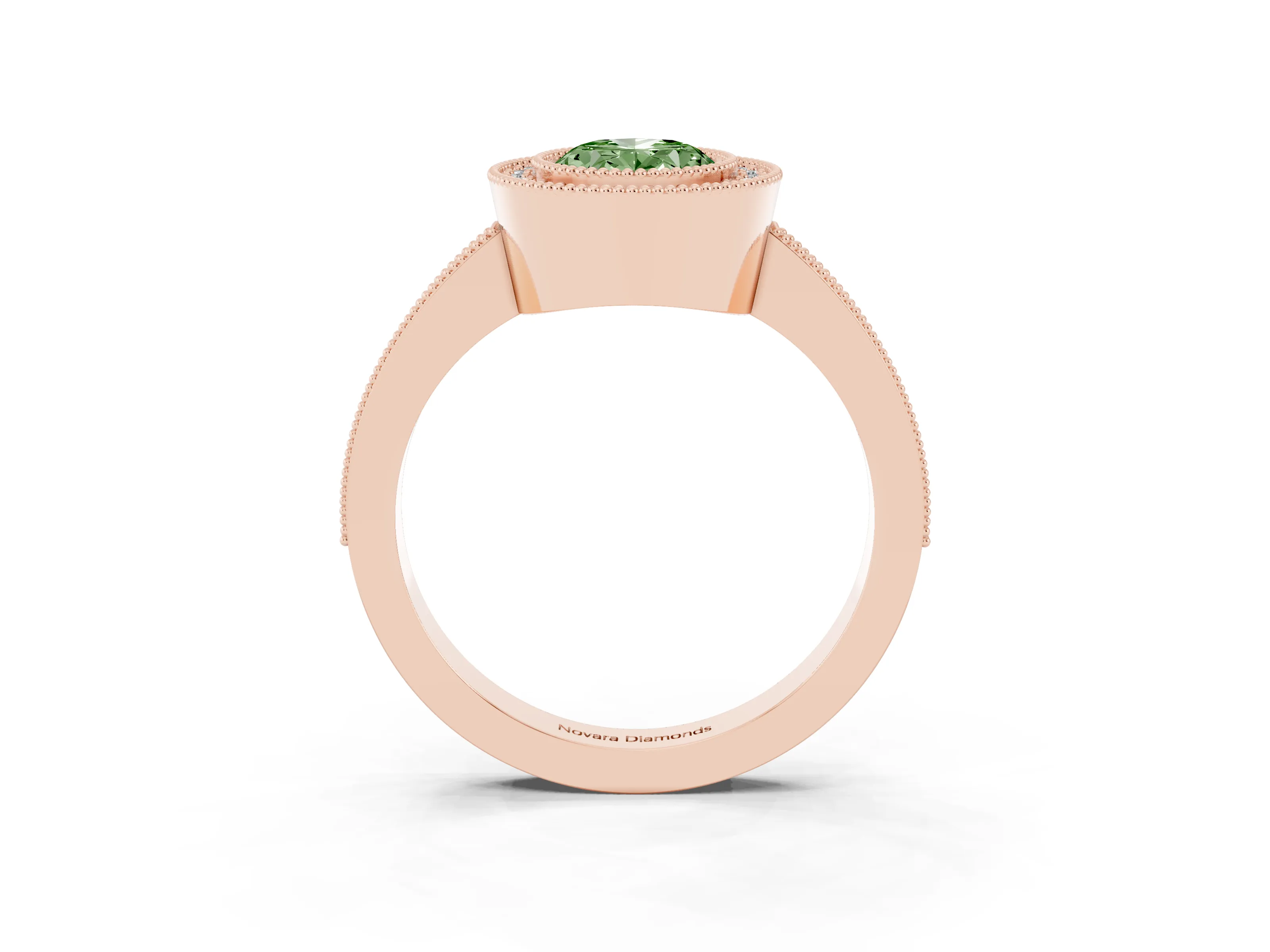 Fancy Green Oval Cut Diamond Halo Engagement Ring Set in Rose gold with Pavé Band and Round Halo Stones