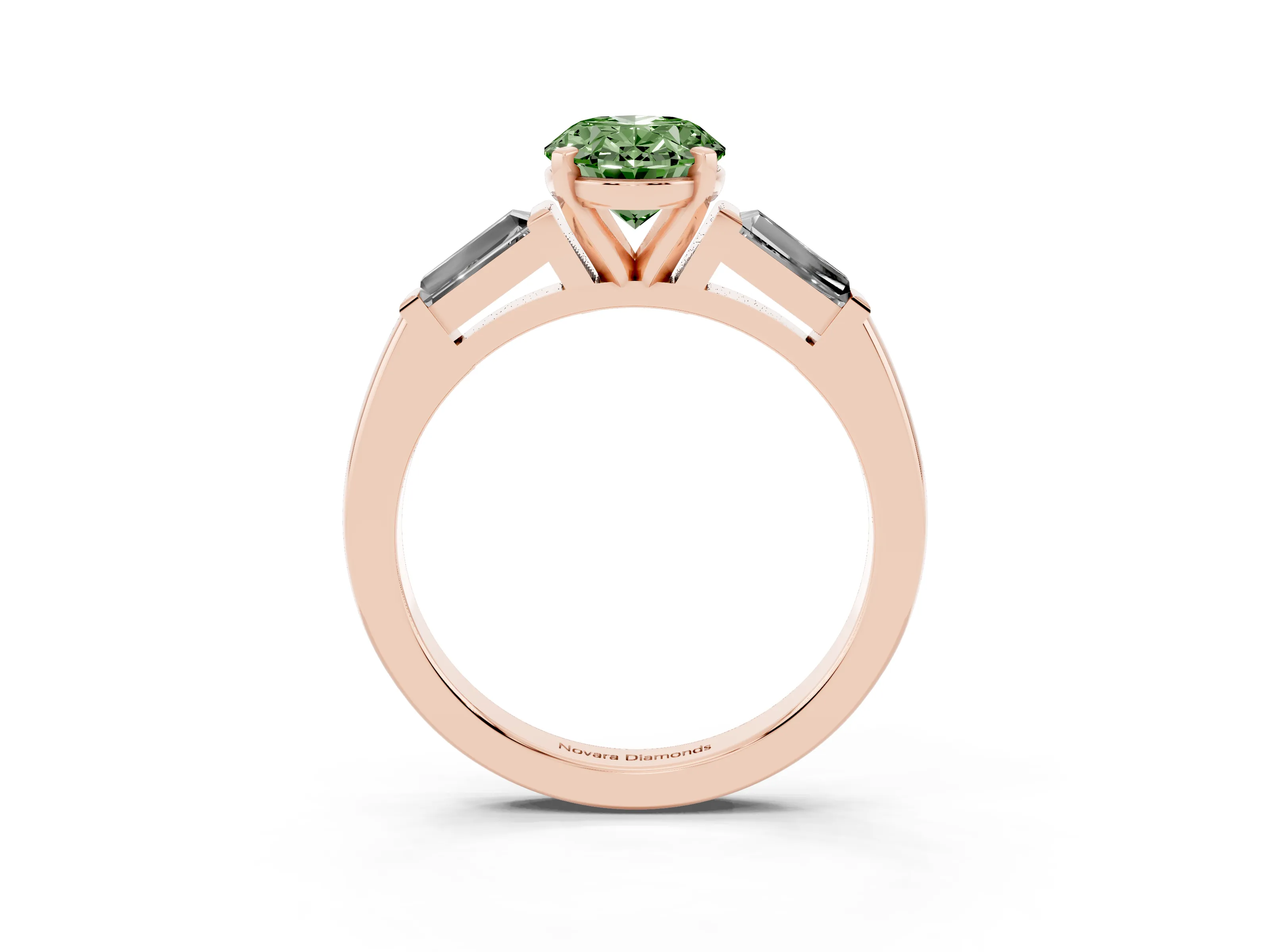 Fancy Green Oval Cut Diamond Solitaire Ring Set in Rose gold with Tapered Baguette Side Stones and Prong Setting