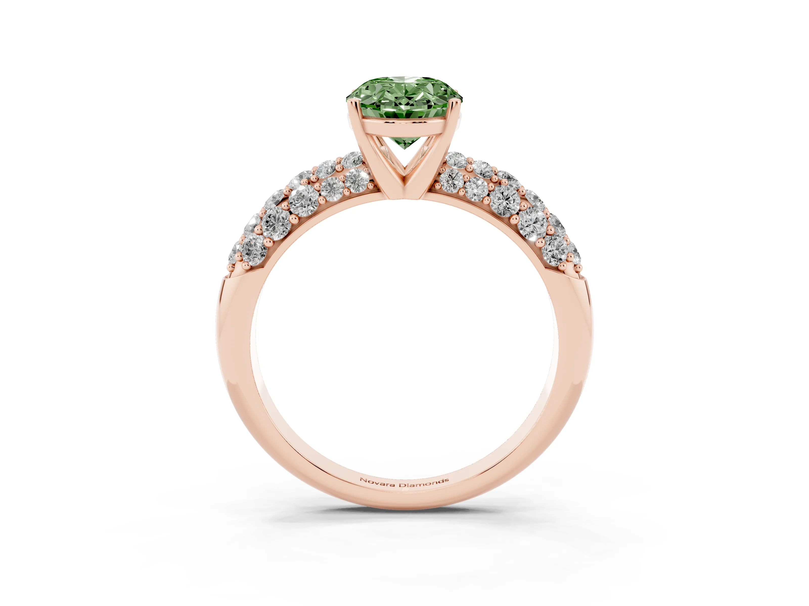 Fancy Green Oval Cut Diamond Pavé Band Solitaire Ring Set in Rose gold with Close-Set Accent Stones and Prong Setting