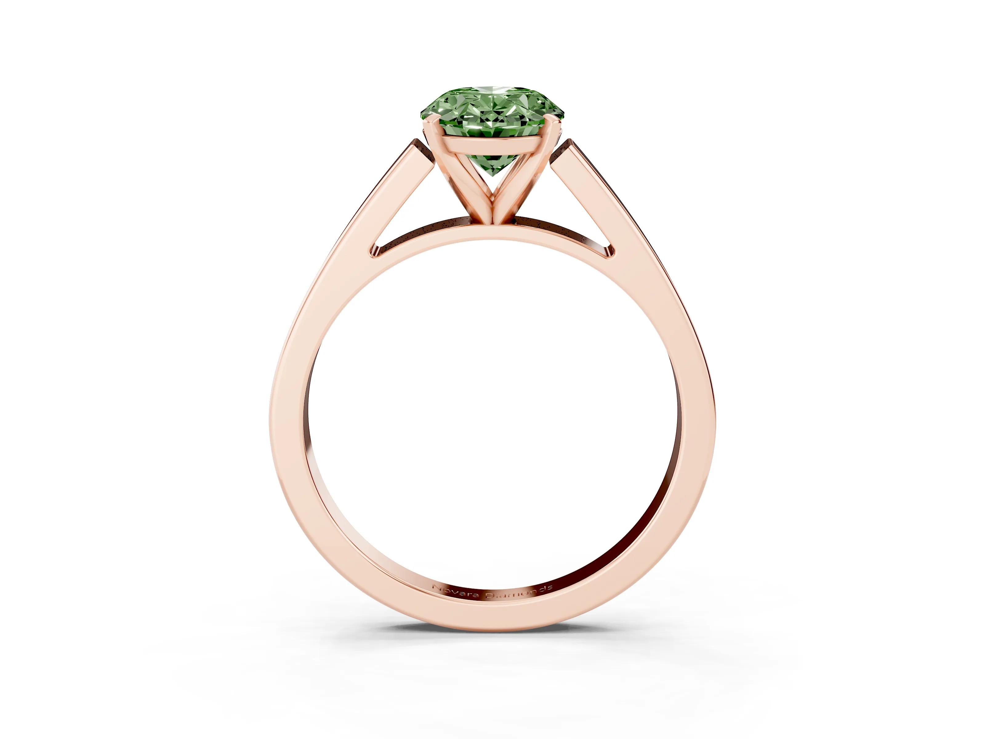 Fancy Green Oval Cut Diamond Solitaire Engagement Ring Set in Rose gold with Prong Setting and Tapered Band