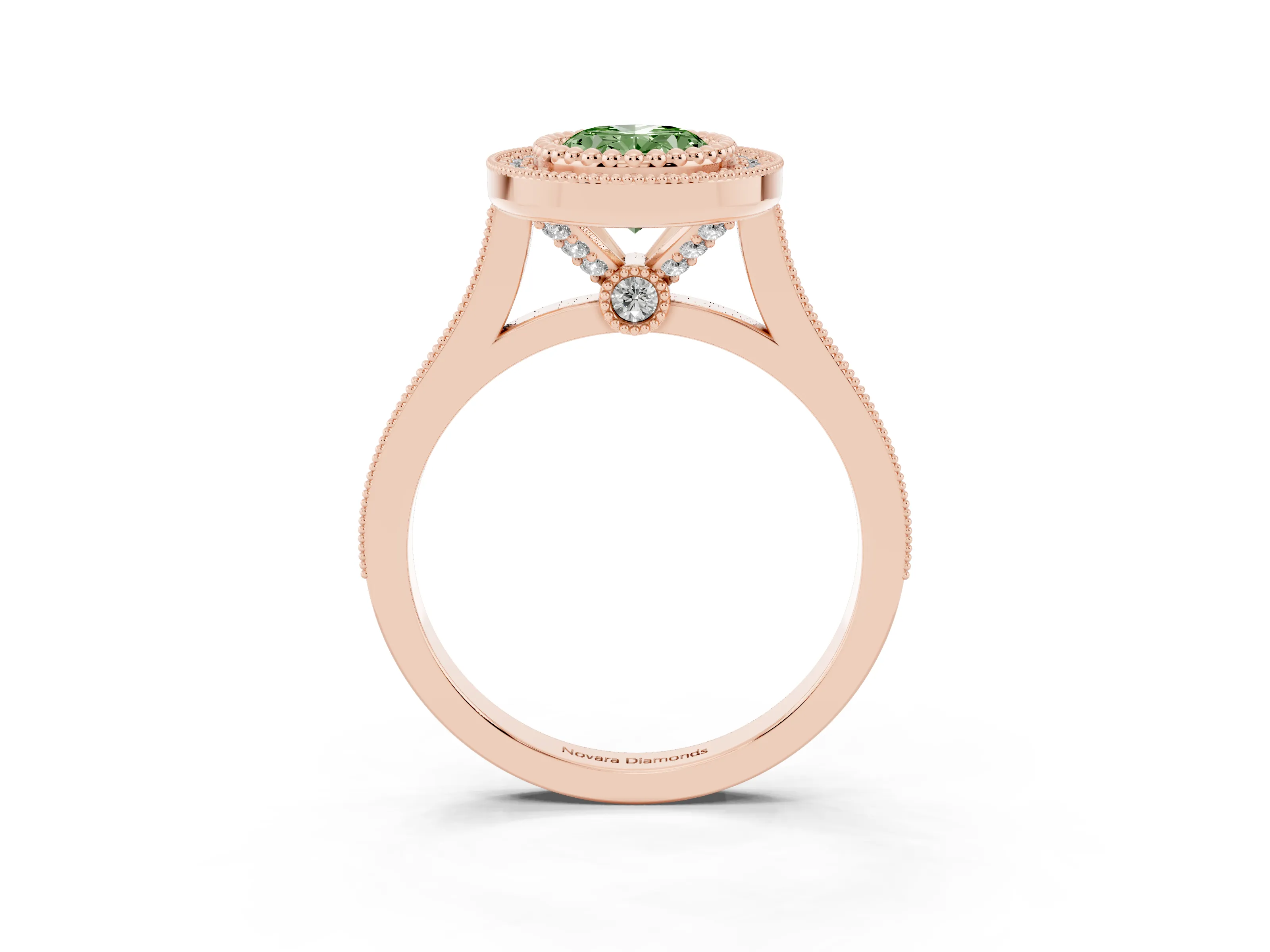 Fancy Green Oval Cut Diamond Halo Ring Set in Rose gold with Milgrain Frame and Pavé Band