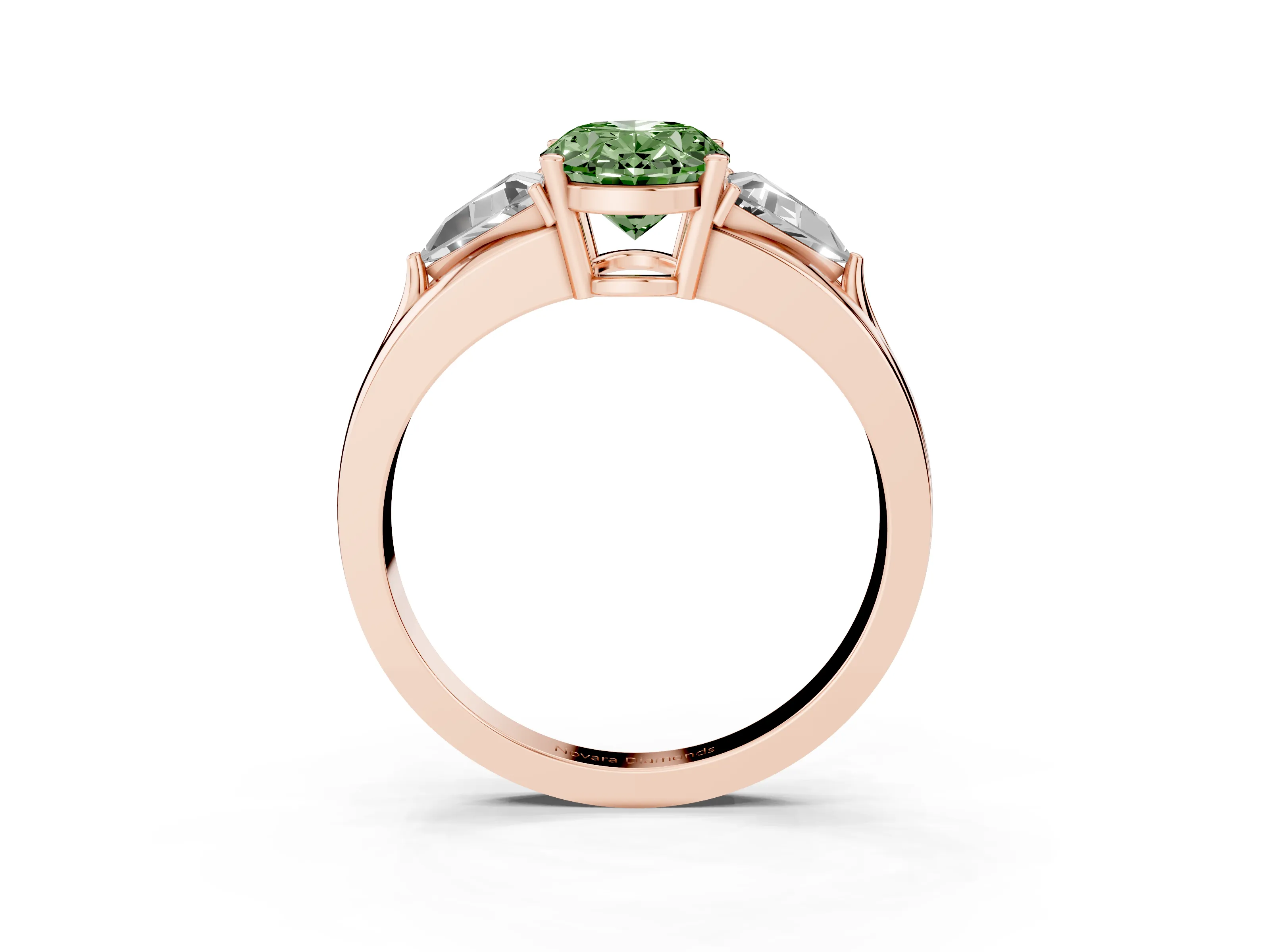 Fancy Green Oval Cut Diamond Three-Stone Ring Set in Rose gold with Trillion Side Stones and Split Shank
