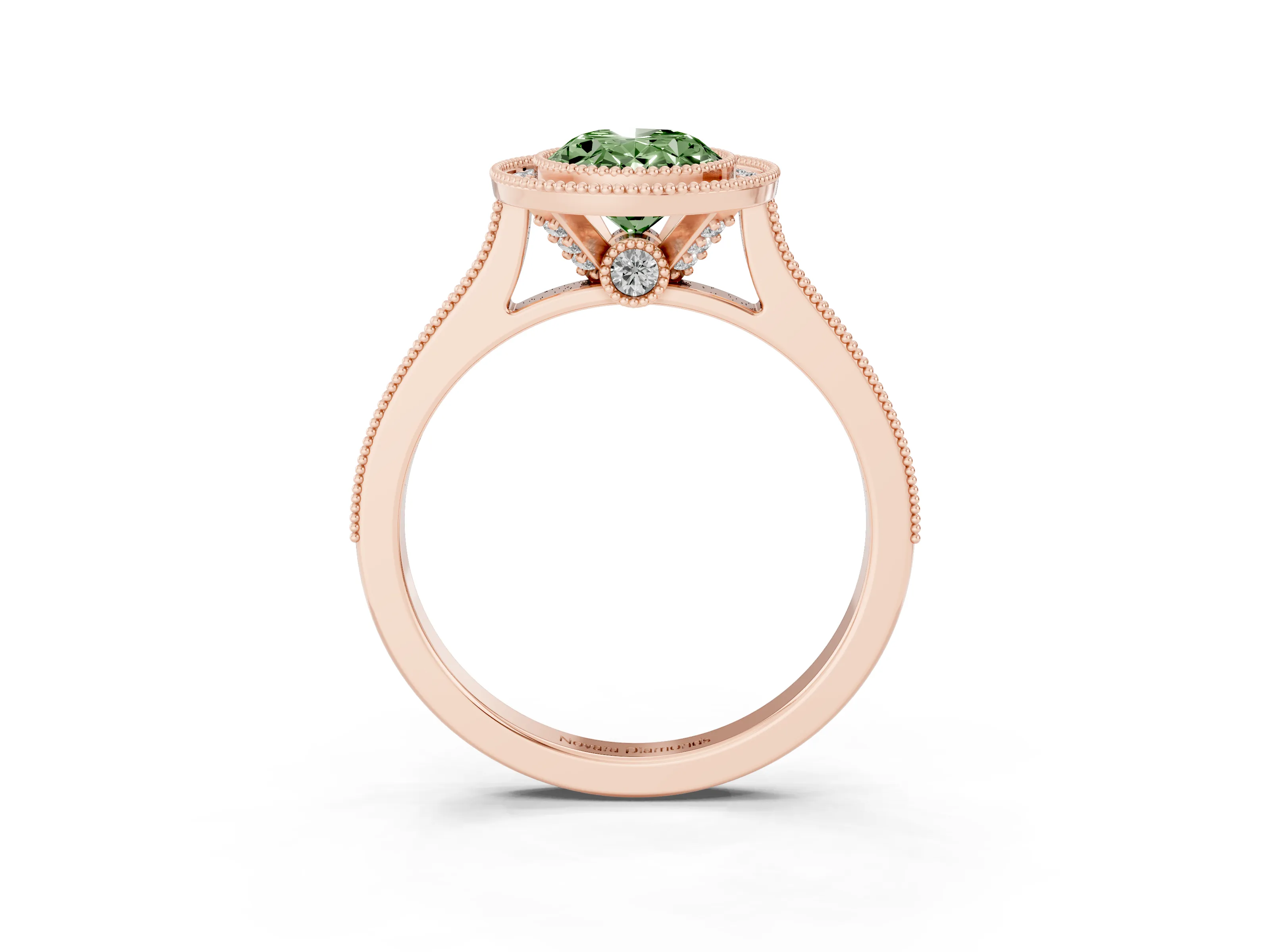 Fancy Green Oval Cut Diamond Halo Milgrain Pavé Band Ring Set in Rose gold with Prong Setting