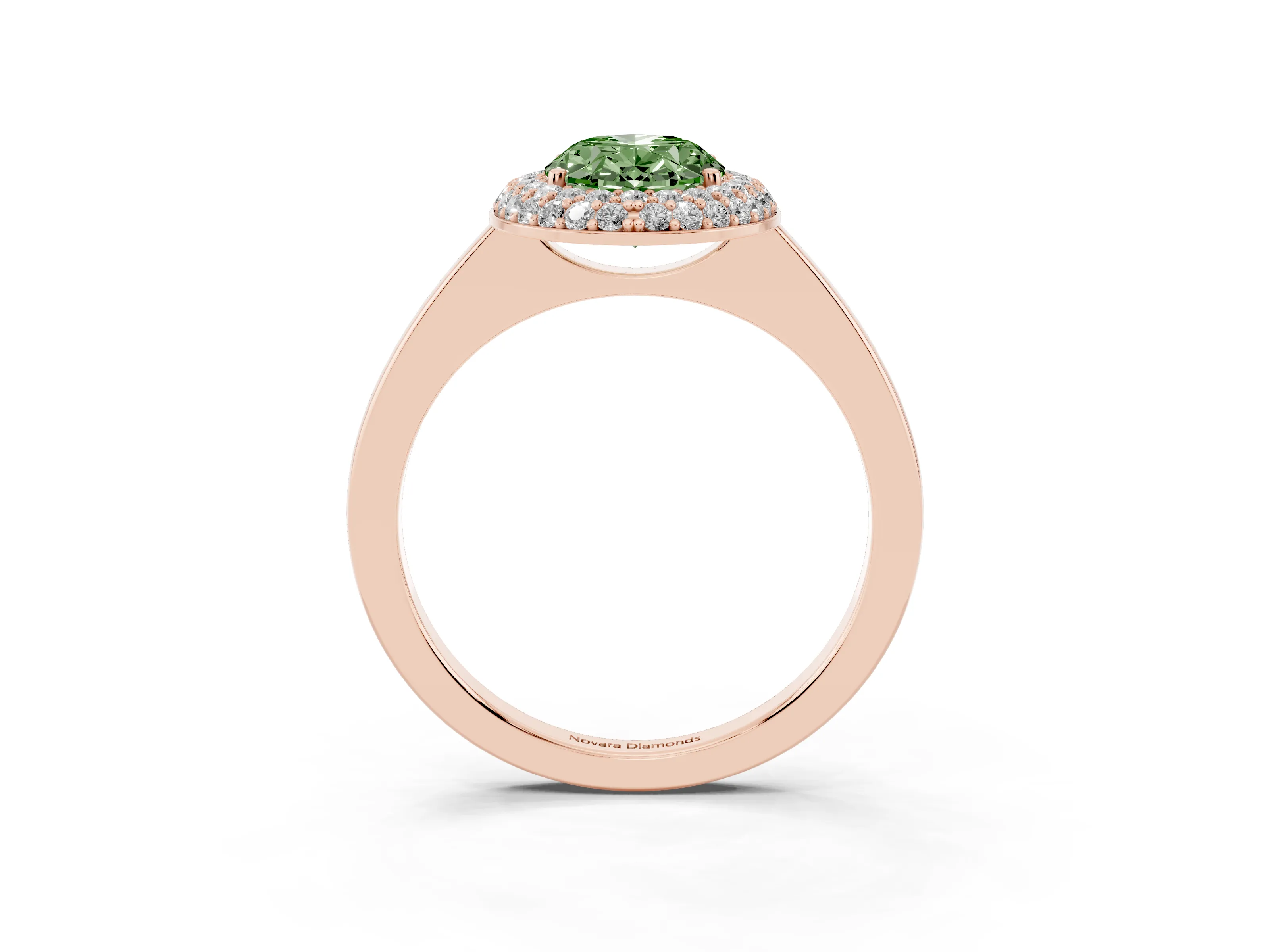 Fancy Green Oval Cut Diamond Halo Engagement Ring Set in Rose gold with Solitaire Band and Prong Setting