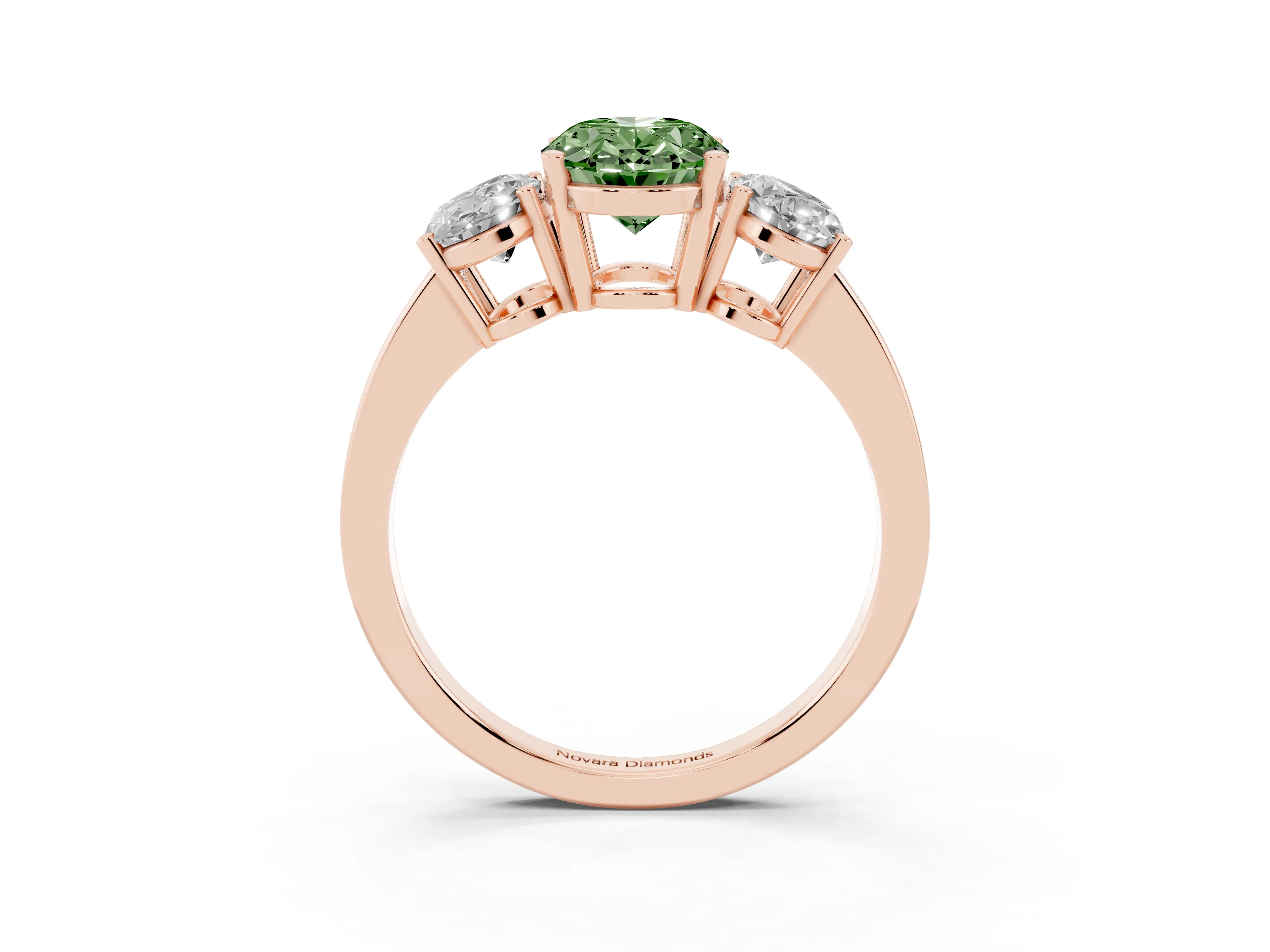 Fancy Green Oval Cut Diamond Three-Stone Engagement Ring Set in Rose gold with Flat Band