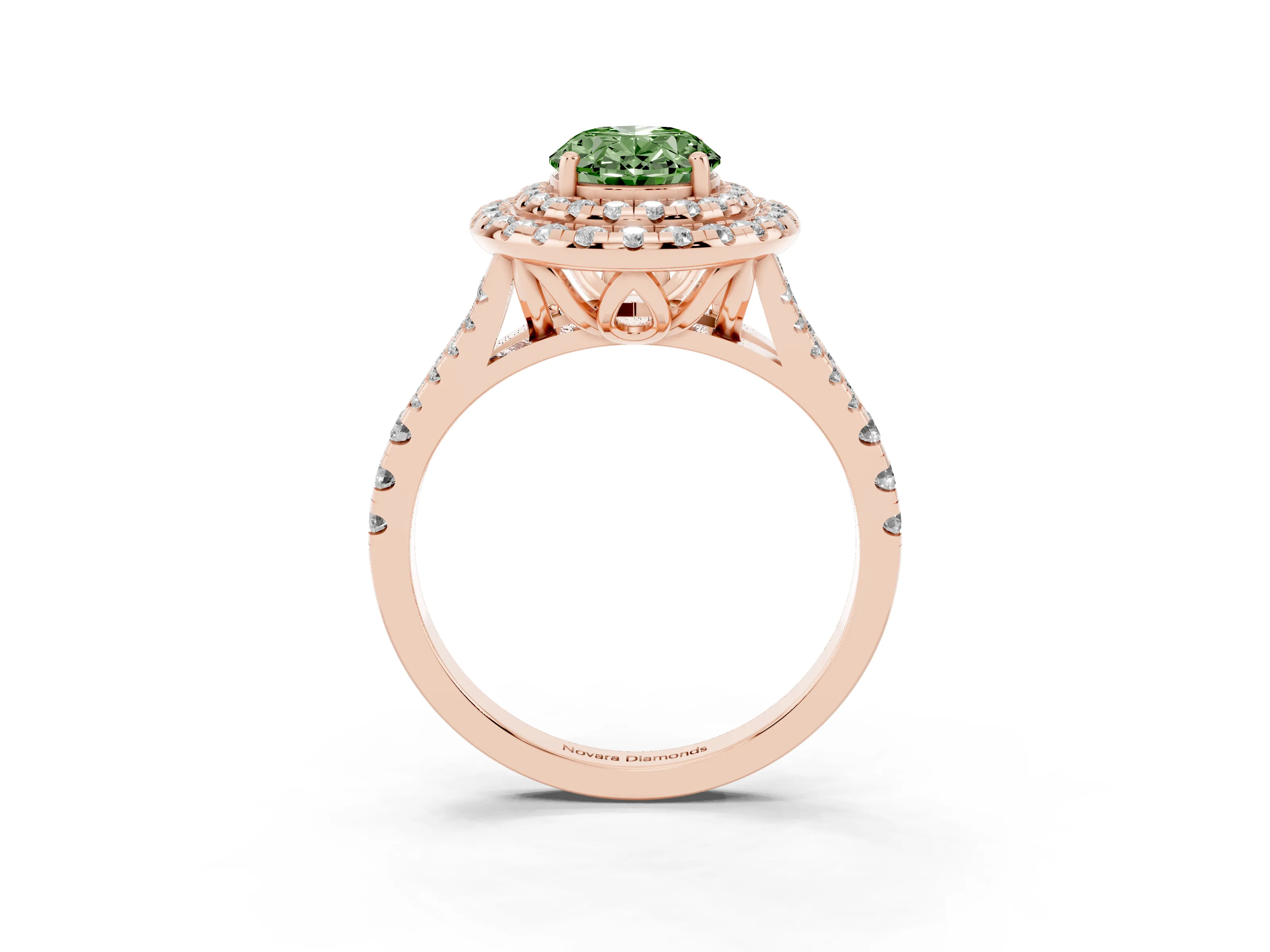 Fancy Green Oval Cut Diamond Double Halo Ring Set in Rose gold with Pavé Split Shank and Prong Setting