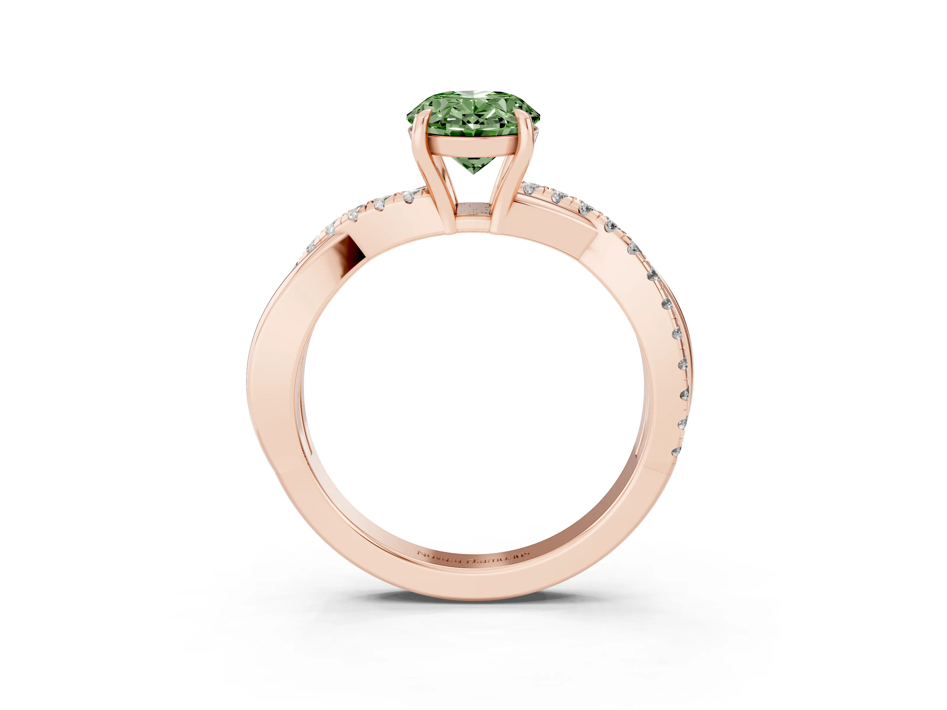 Fancy Green Oval Cut Diamond Twisted Pavé Band Ring Set in Rose gold with Prong Setting